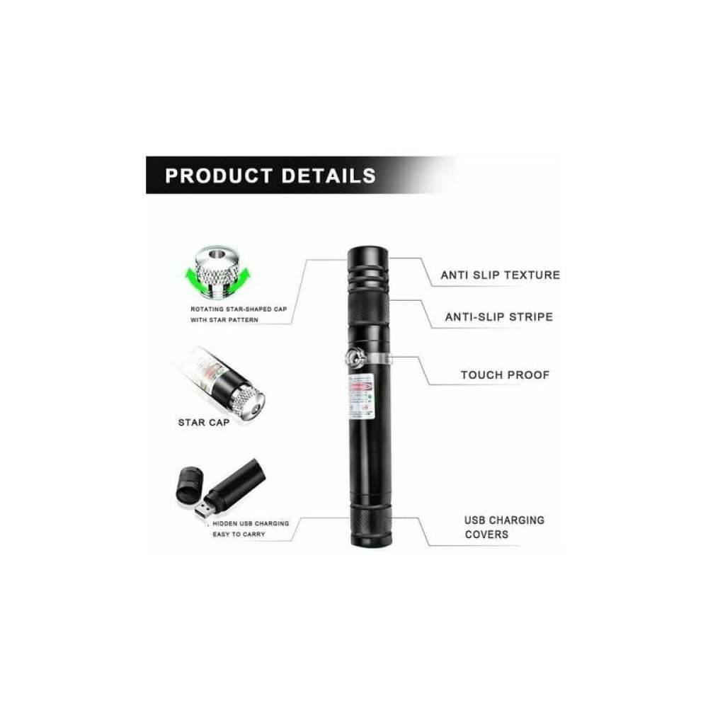 Grafik mit Produktdetails. Zeigt einen schwarzen Laserpointer mit Funktionen wie Anti-Rutsch-Textur, USB-Aufladung und Sternkappendesign.