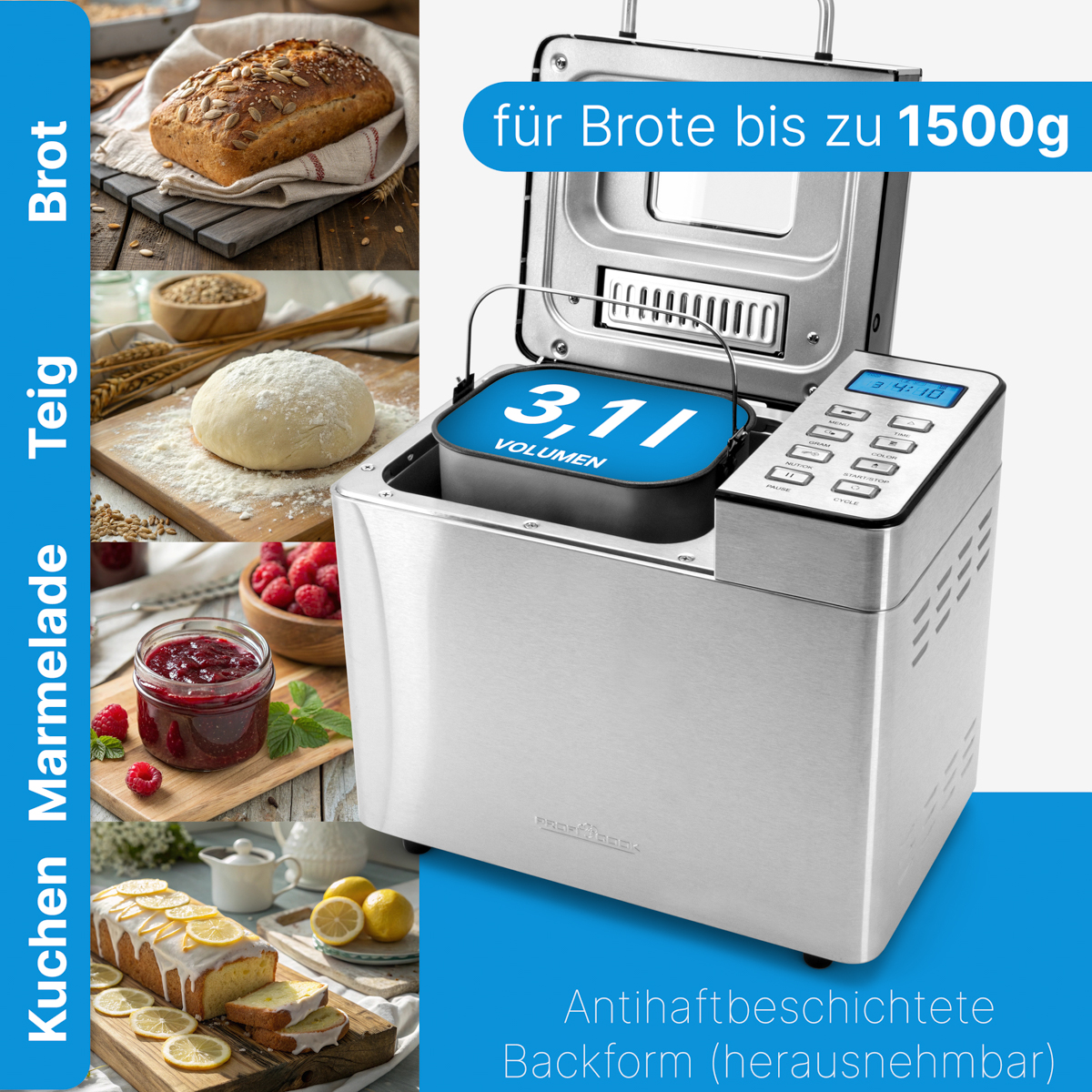 Brotbackautomat mit Digitalanzeige, zeigt Brot, Teig, Marmelade und Kuchen. Enthält den Text 'für Brote bis zu 1500g'.