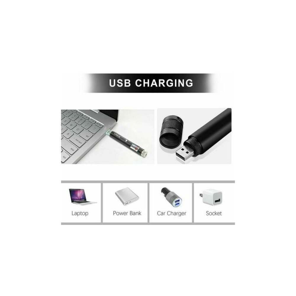 Bild zeigt USB-Ladeoptionen: Laptop, Powerbank, Autoladegerät und Steckdose. Enthält Diagramme eines Ladestifts und eines USB-Kabels.