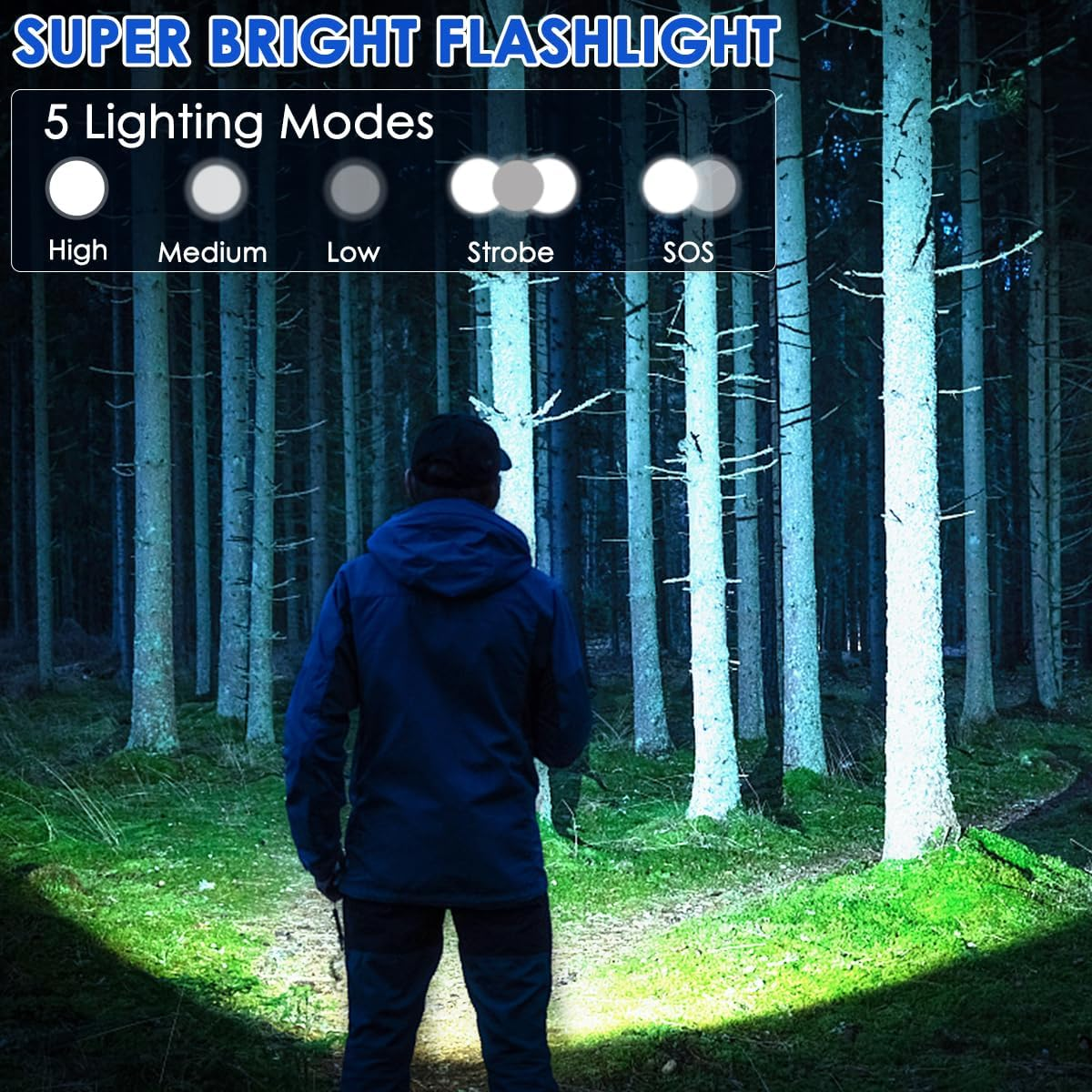 Eine Person in einer blauen Jacke steht nachts in einem Wald, beleuchtet von einer Taschenlampe. Text zeigt 5 Lichtmodi an.