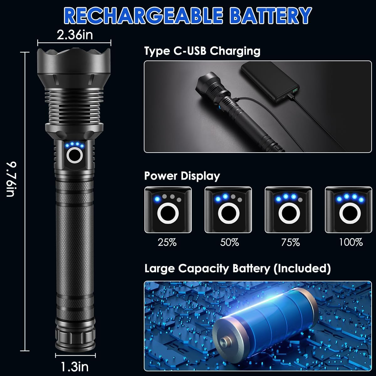 Eine wiederaufladbare Taschenlampe mit Lade- und Batterieinformationen. Enthält Batteriebilder, prozentuale Leistungsanzeigen und Abmessungen.