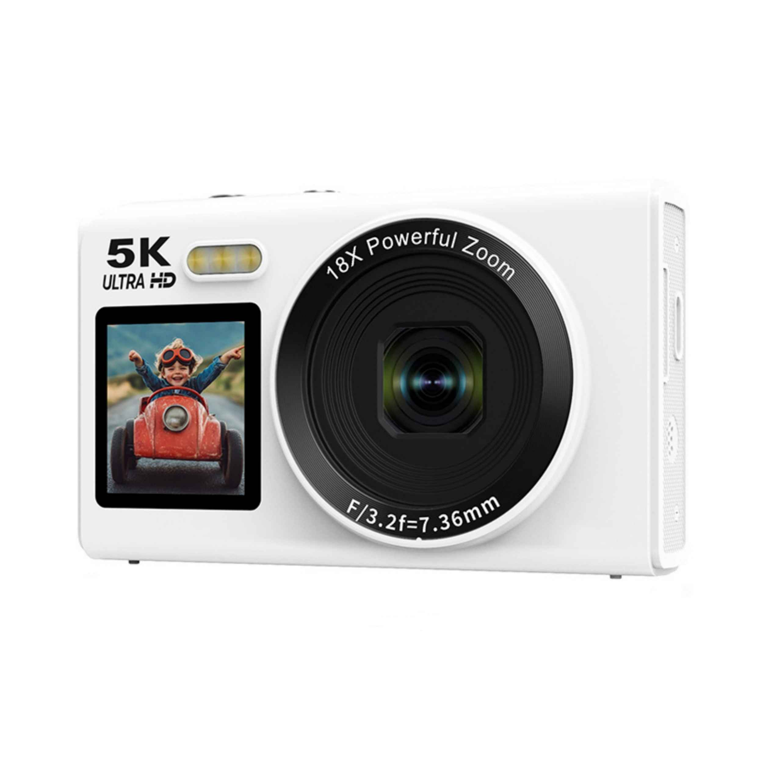 Weiße Kamera mit Bildschirm, der ein Kind in einem Spielzeugauto zeigt. Sie hat 18x Zoom und Ultra HD 5K.