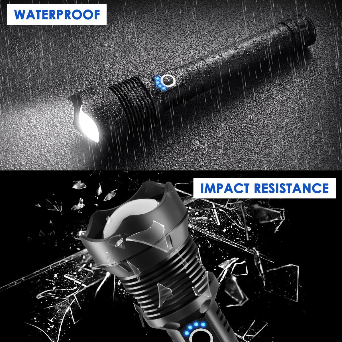 Eine schwarze Taschenlampe mit den Aufschriften "WASSERDICHT" und "STOSSFESTIGKEIT" wird gezeigt. Sie befindet sich auf einer nassen, strukturierten Oberfläche.