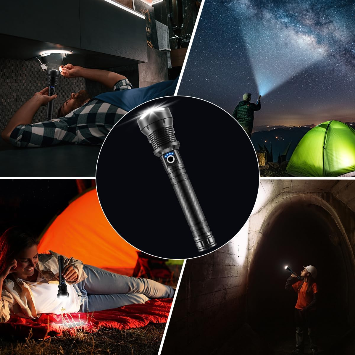 Das Bild zeigt eine schwarze Taschenlampe in verschiedenen Szenarien. Menschen benutzen sie in einem Tunnel, beim Camping und in Innenräumen.