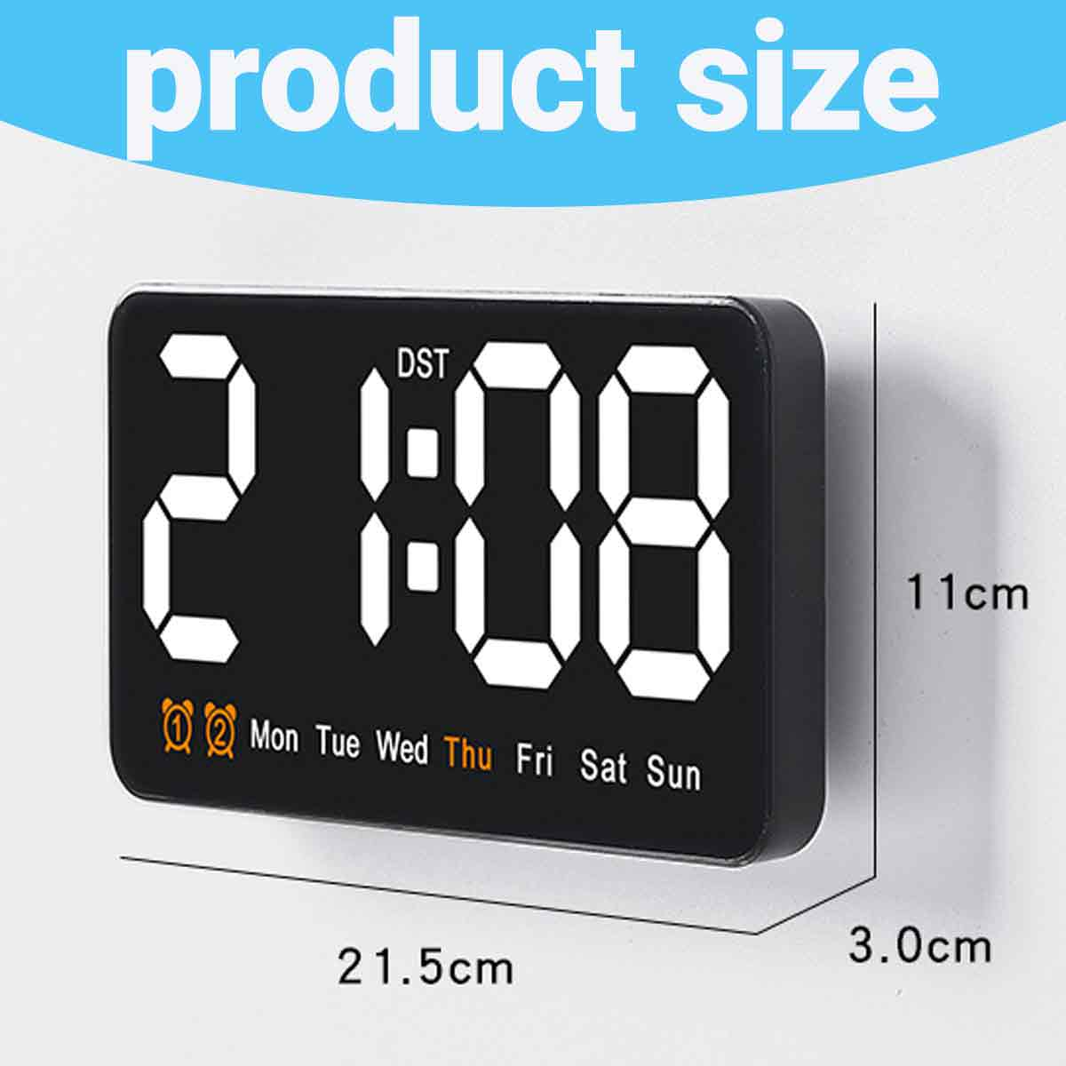 Eine Digitaluhr zeigt 2:08 Uhr an, mit Wochentagen. Abmessungen: 21,5 cm x 11 cm x 3,0 cm. Text 'Produktgröße' oben.