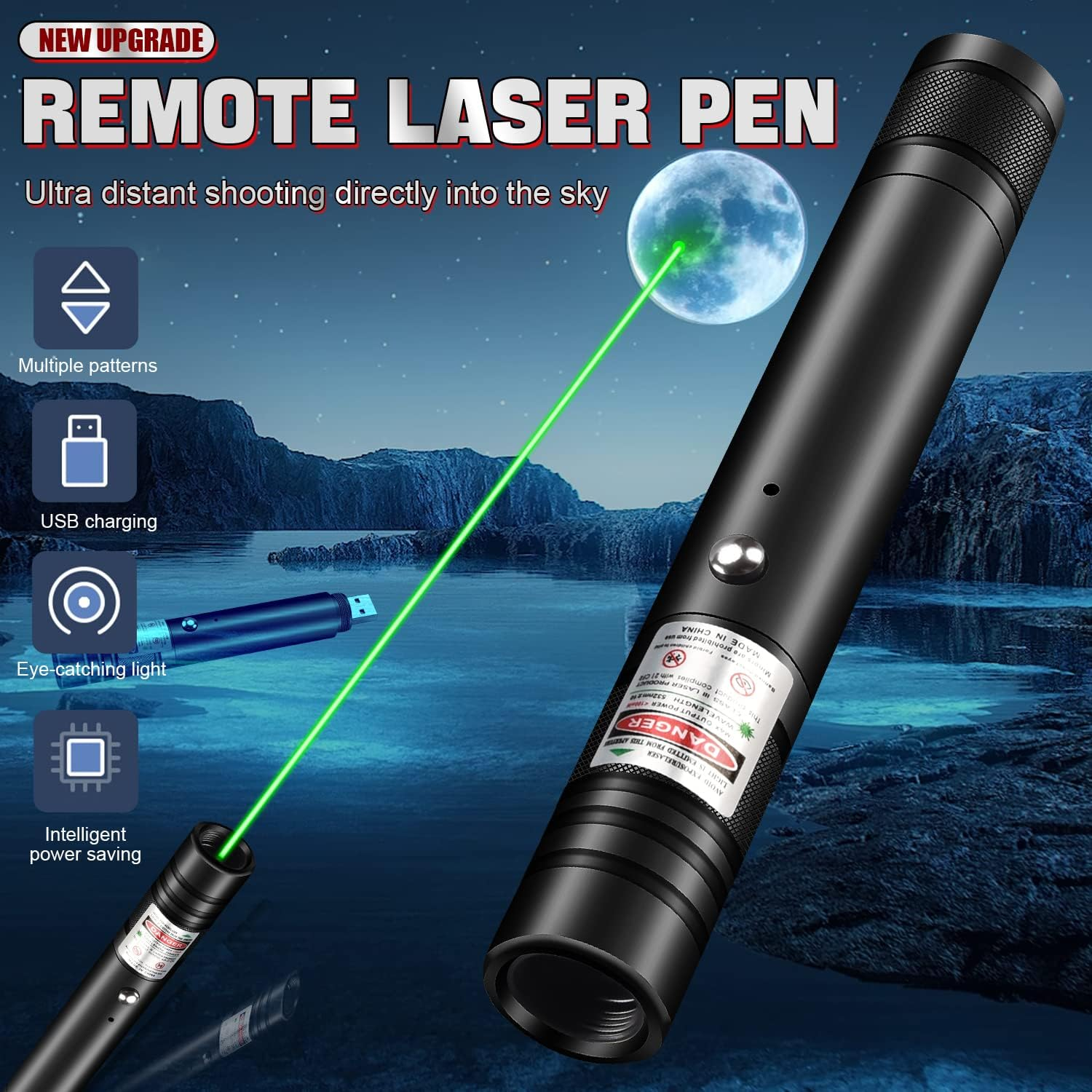 Ein schwarzer Laserpointer, der einen grünen Strahl auf einen Mond in einem Nachthimmel richtet. Text lautet 'Remote Laser Pen' und Merkmale.