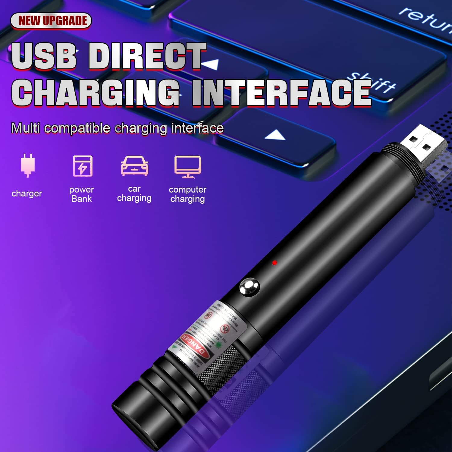 Ein schwarzer Laserpointer mit USB-Ladeanschluss. Der Hintergrund zeigt eine Tastatur und Ladesymbole für verschiedene Geräte.