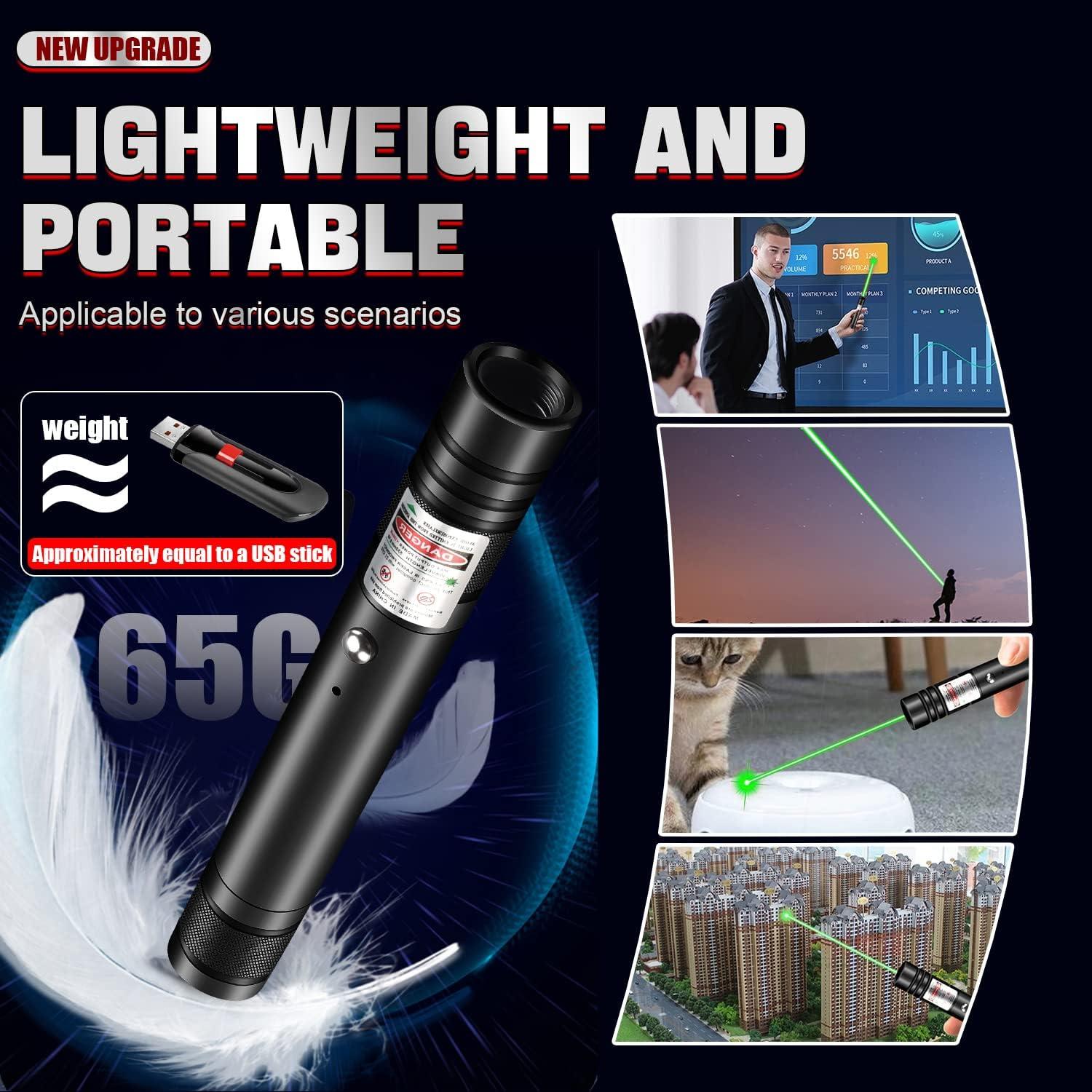 Schwarzer Laserpointer mit Text: Leicht und tragbar. Zeigt Beispiele für die Verwendung mit Diagrammen und einer Katze.