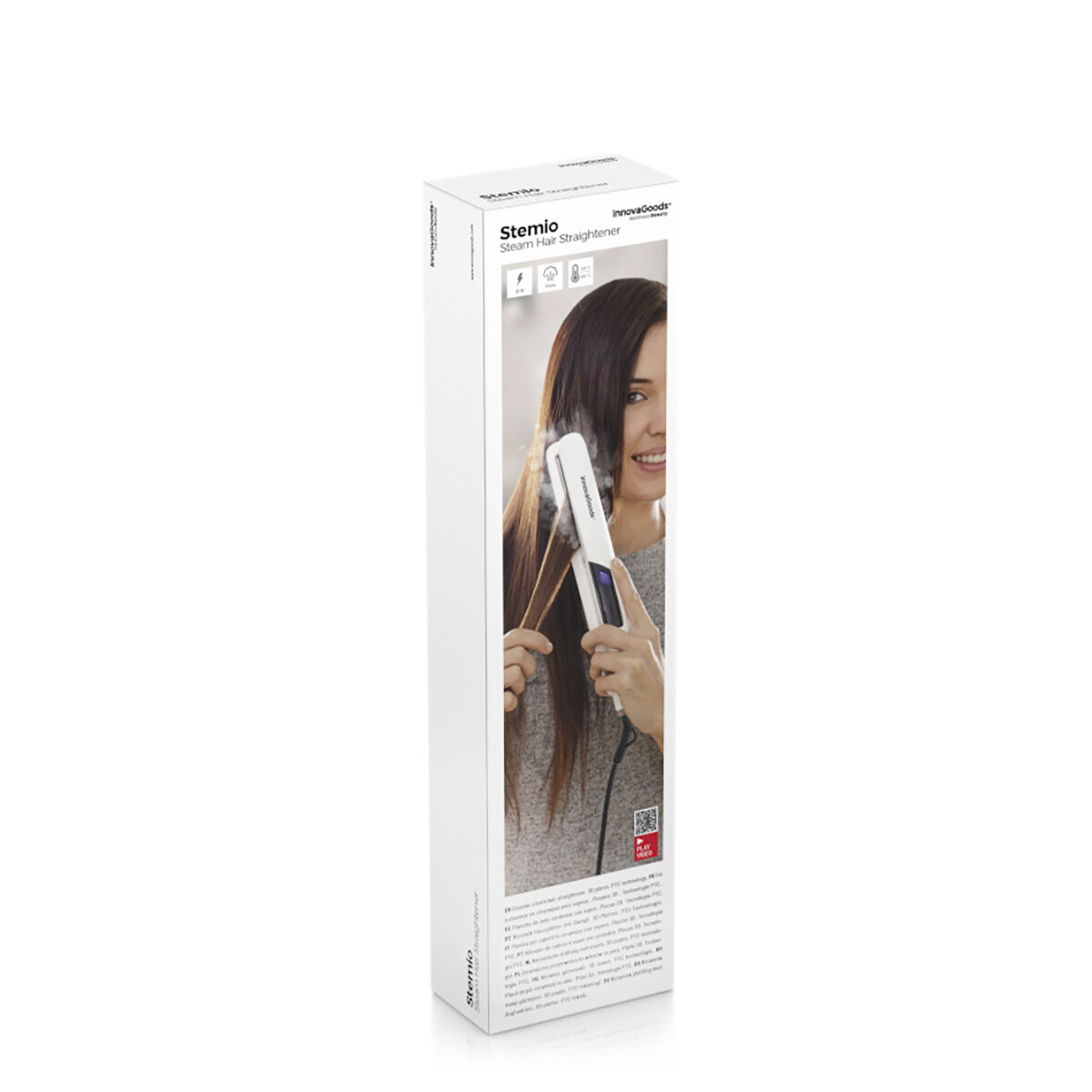 Schachtel mit einer Frau, die ein weißes Haarglätteisen benutzt. Auf der Schachtel steht 'Stemio Dampf Haarglätter'. Das Haar der Frau wird geglättet.