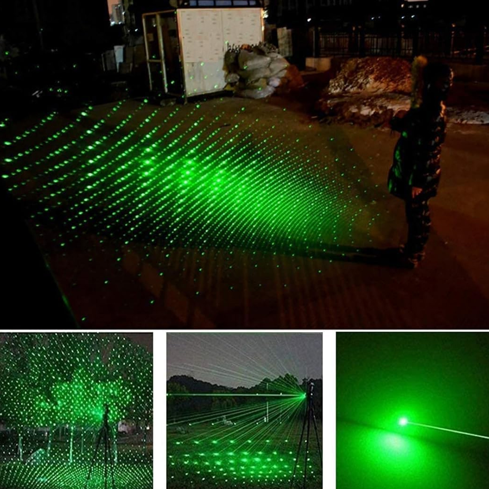 Grüne Laserlichter erzeugen ein gitterartiges Muster auf dem Boden. Im Hintergrund steht eine Person. Die Szene spielt nachts.