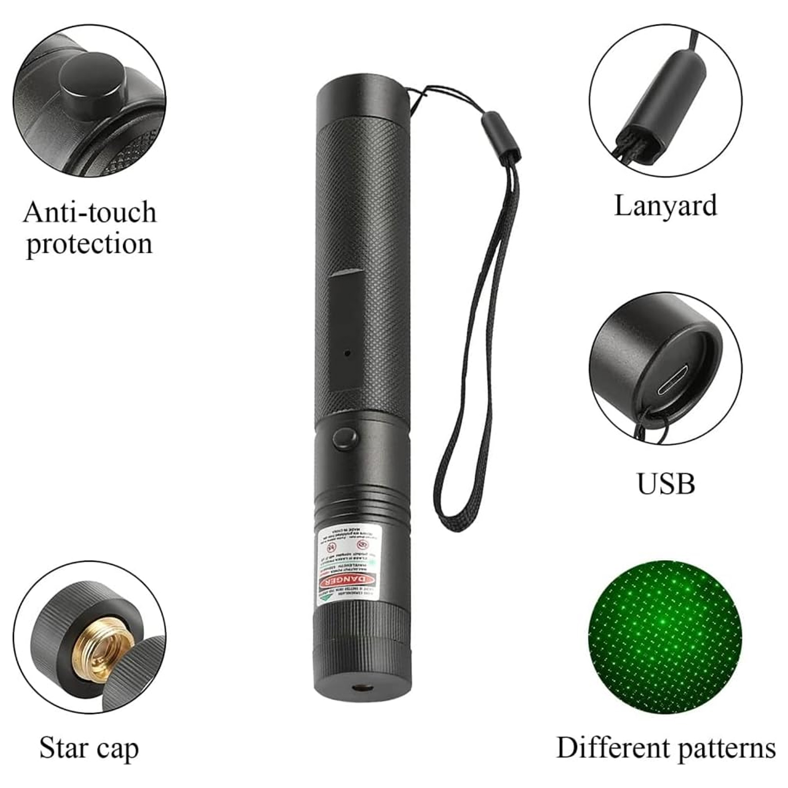 Schwarzer Laserpointer mit Schlüsselband, Sternkappe, USB-Anschluss und verschiedenen Musteroptionen. Beschriftete Komponenten sind abgebildet.
