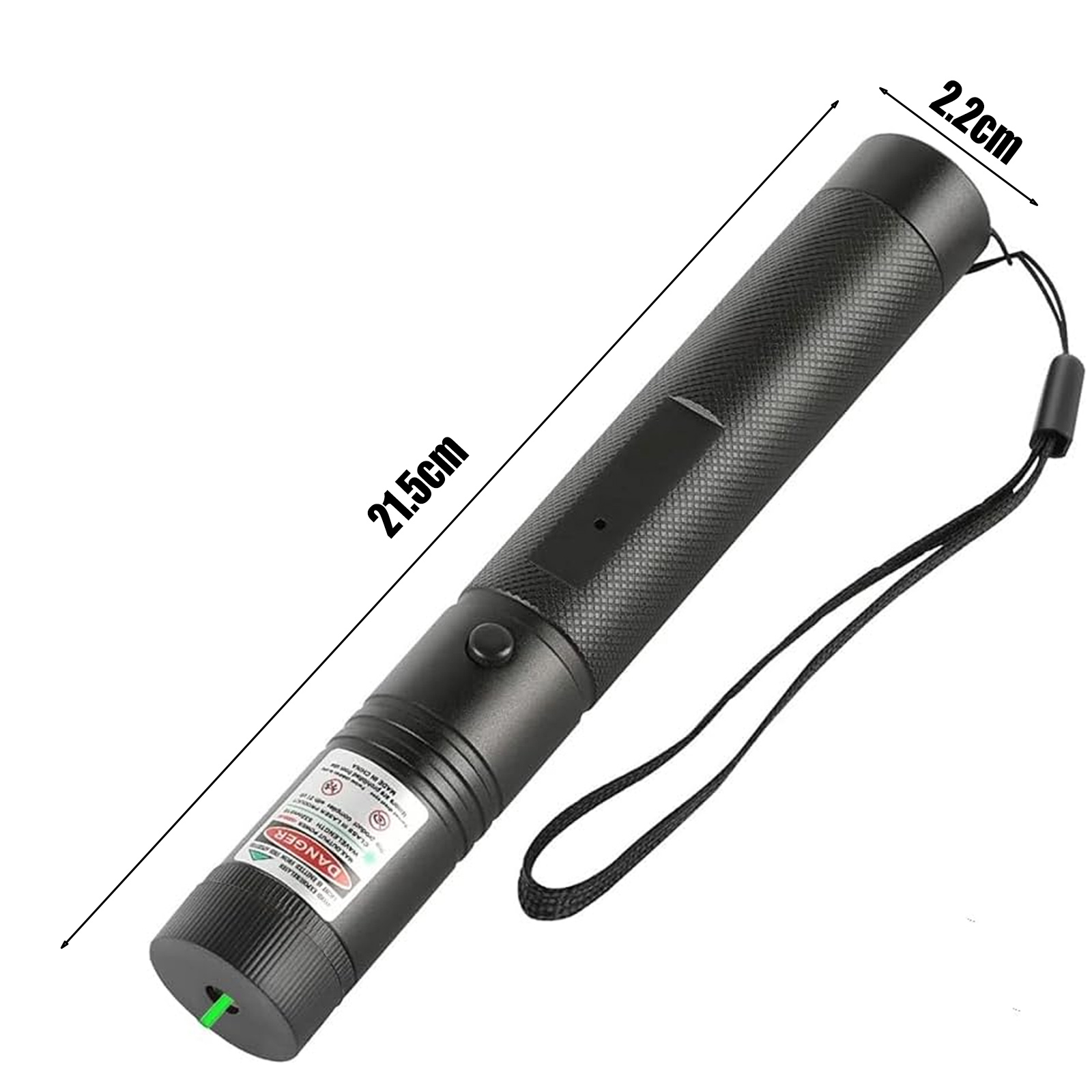 Ein schwarzer Laserpointer mit grünem Licht. Er hat eine Handschlaufe. Abmessungen sind auf dem Bild angegeben.