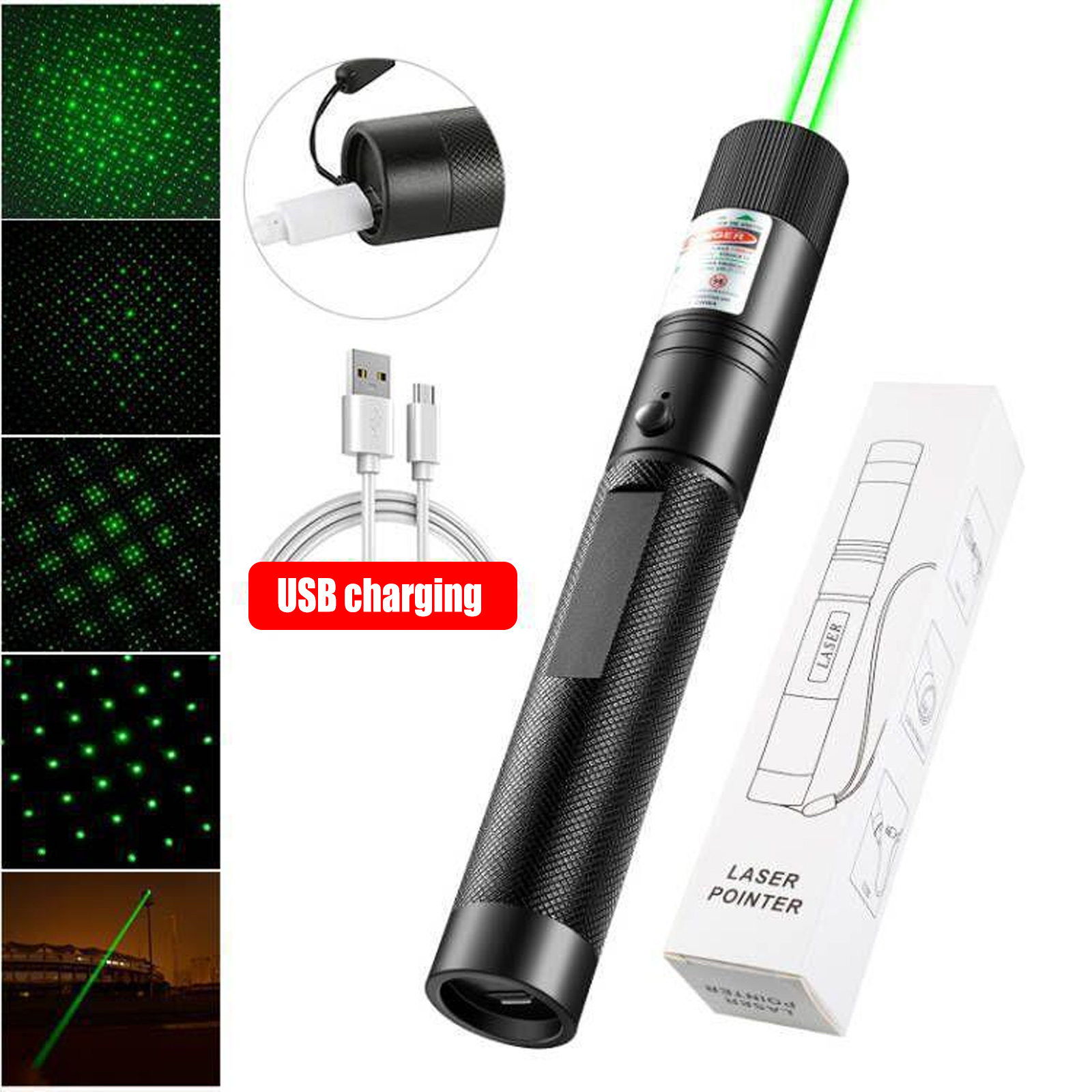 Das Bild zeigt einen schwarzen Laserpointer, seine Box und ein USB-Ladekabel. Grüne Lasermuster werden angezeigt.