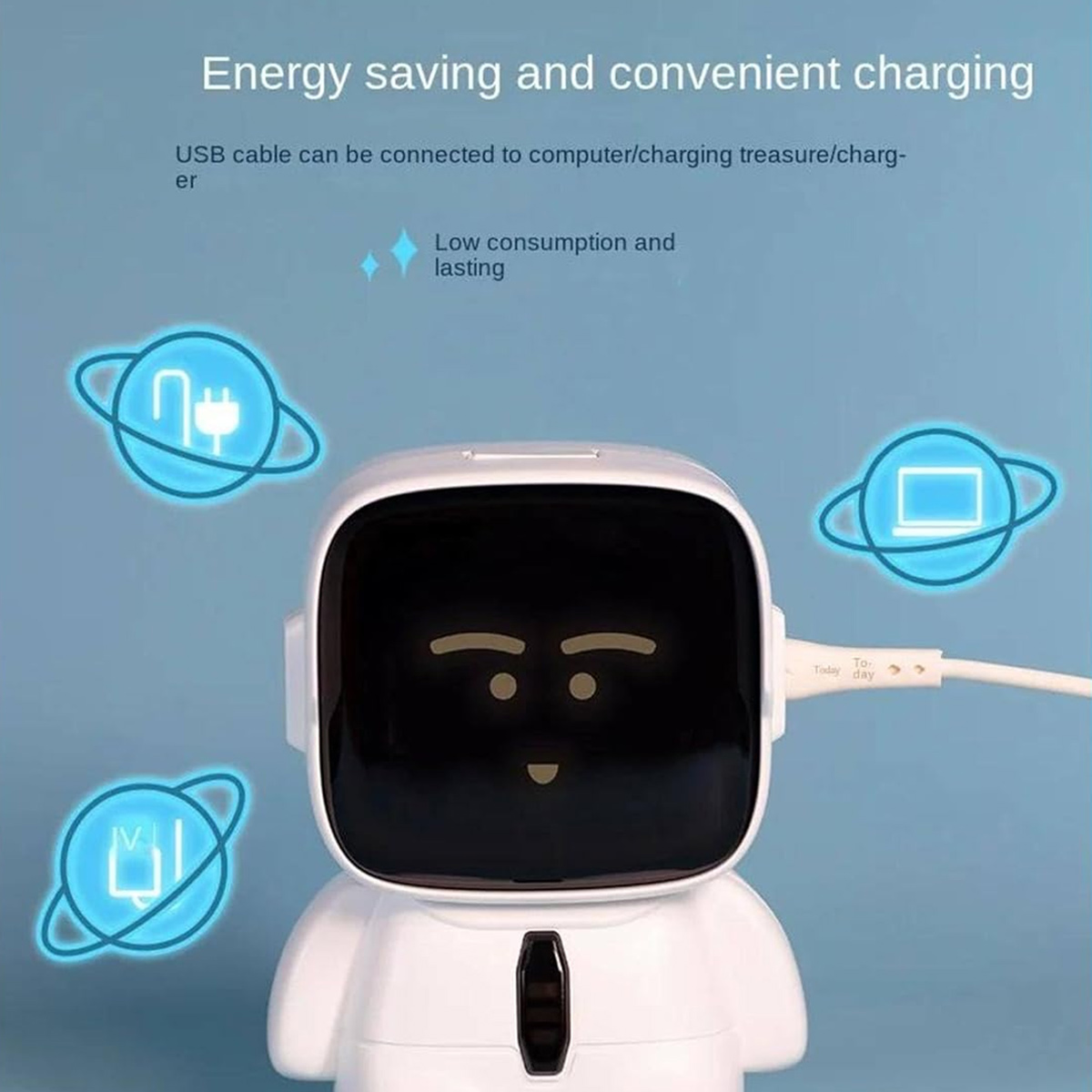 Weißer Roboter mit schwarzem Bildschirmgesicht, verbunden mit einem weißen USB-Kabel. Blaue Symbole umgeben ihn, Text sagt 'Energiesparen und bequemes Aufladen'.