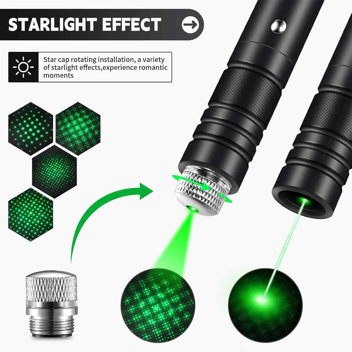 Schwarze Laserpointer, die grünes Licht aussenden. Einer zeigt ein Sternmuster. Text: 'Starlight Effect'.