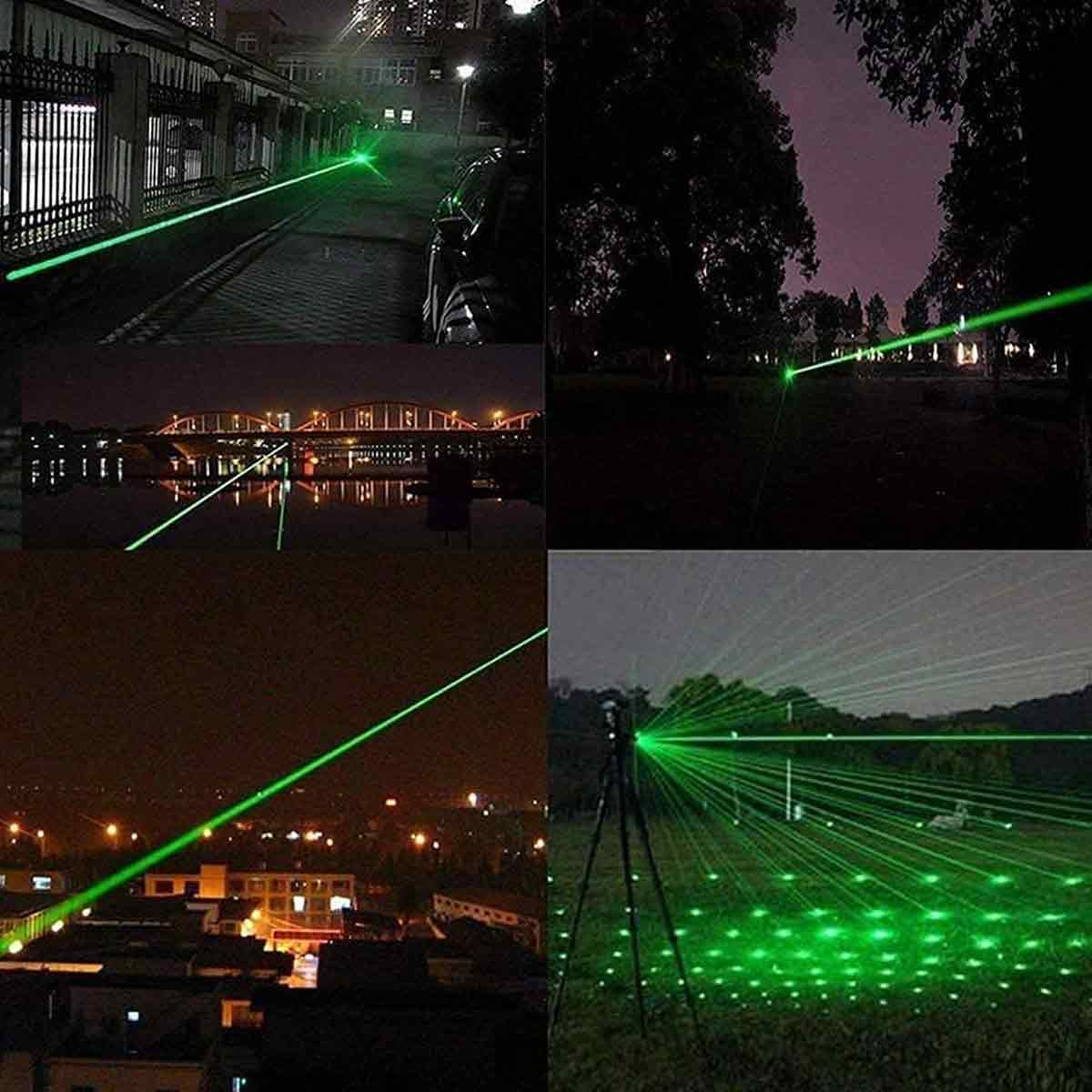 Verschiedene Nachtszenen mit hellgrünen Laserstrahlen. Stadtlandschaften, Brücken und Außenbereiche, die von Laserlicht beleuchtet werden.