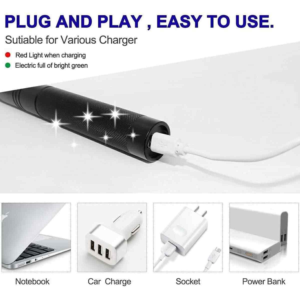Schwarze Taschenlampe, die über ein weißes Kabel geladen wird. Text: Plug and Play. Unten: Laptop, Autoladegerät, Steckdose, Powerbank.