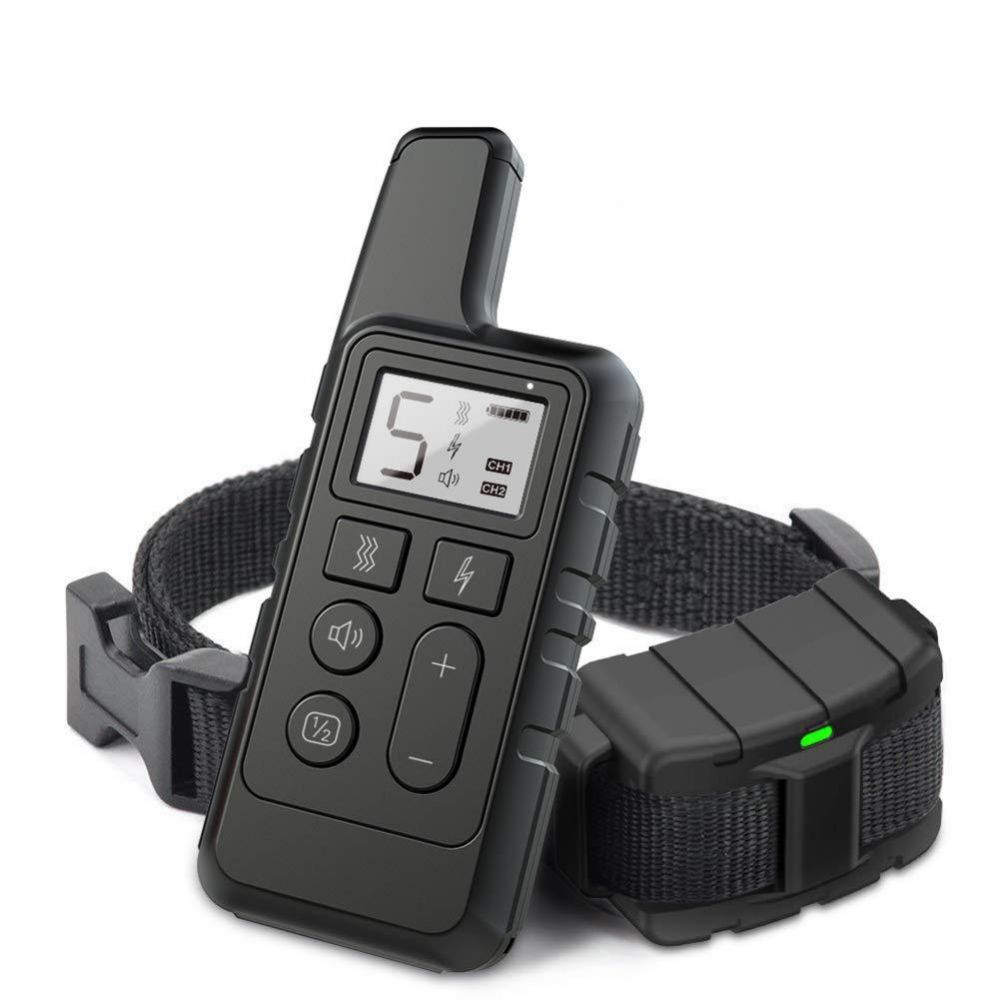 Schwarzes Hunde-Trainingshalsbandsystem. Enthält eine Fernbedienung mit Tasten und Display sowie ein Empfängerhalsband mit Riemen.