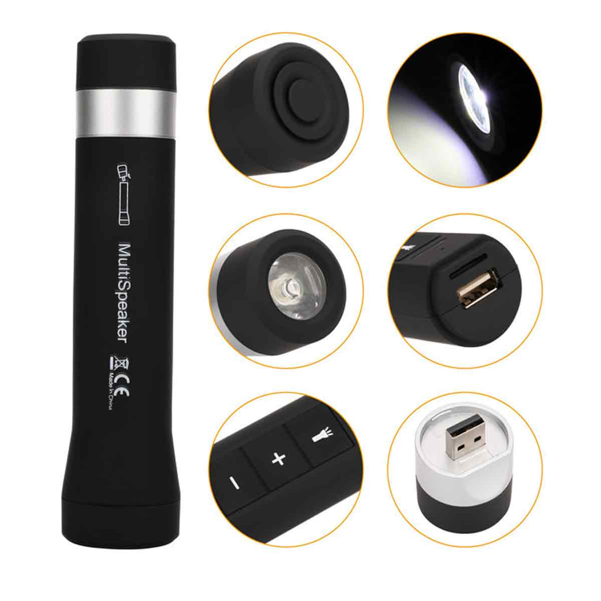 Schwarze MultiSpeaker-Taschenlampe mit silbernem Band. Enthält Nahaufnahmen: Licht, USB-Anschluss, Knöpfe und Lautsprecher.
