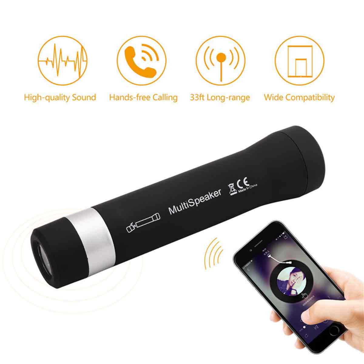 Ein schwarzer MultiSpeaker mit silbernem Ring und ein Musik abspielendes Telefon. Oben befinden sich Symbole: Ton, Telefon, WLAN, Kompatibilität.