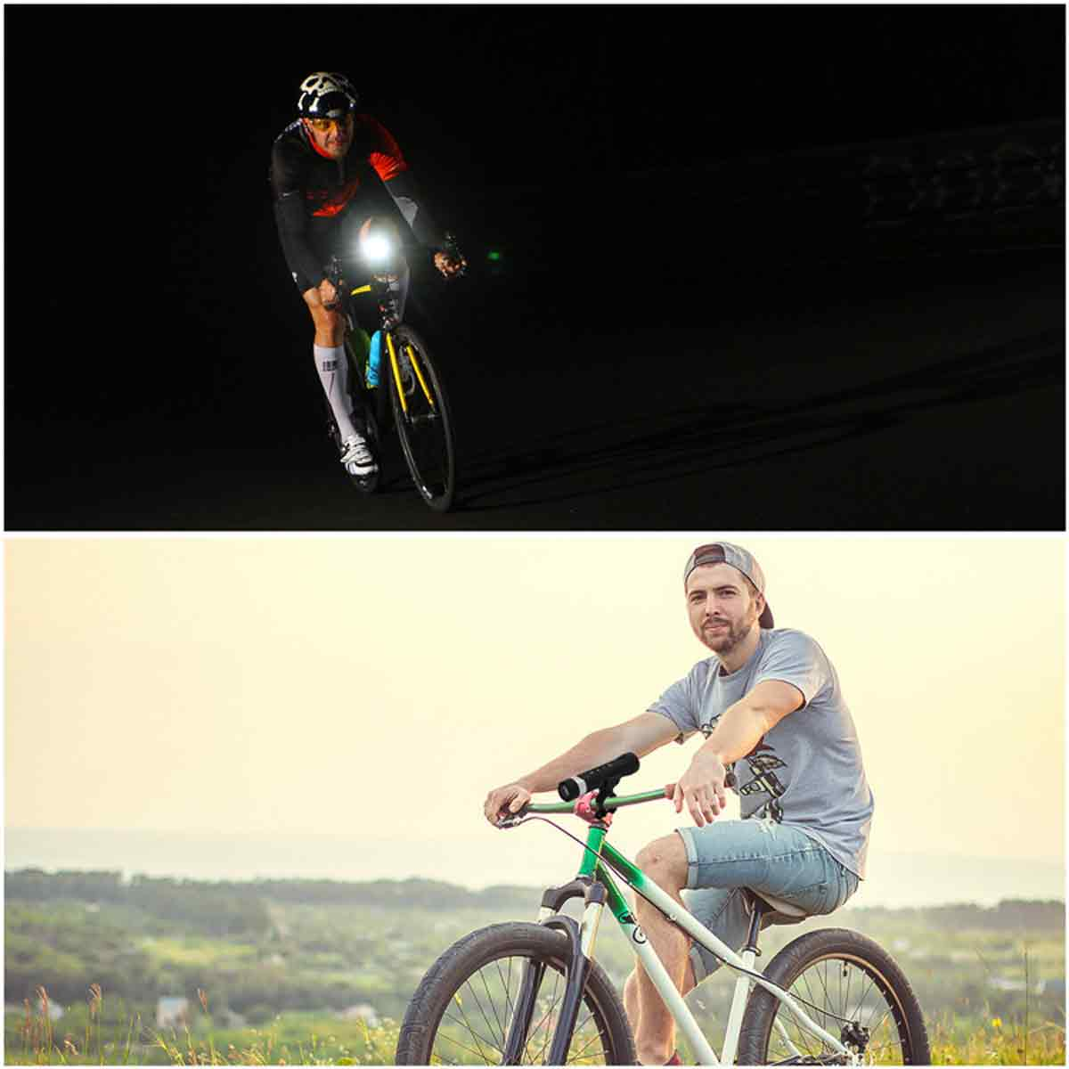 Radfahrer bei Nacht mit hellem Scheinwerfer. Mann auf dem Fahrrad bei Tageslicht, trägt ein graues Hemd und eine Kappe. Grün-weißes Fahrrad.