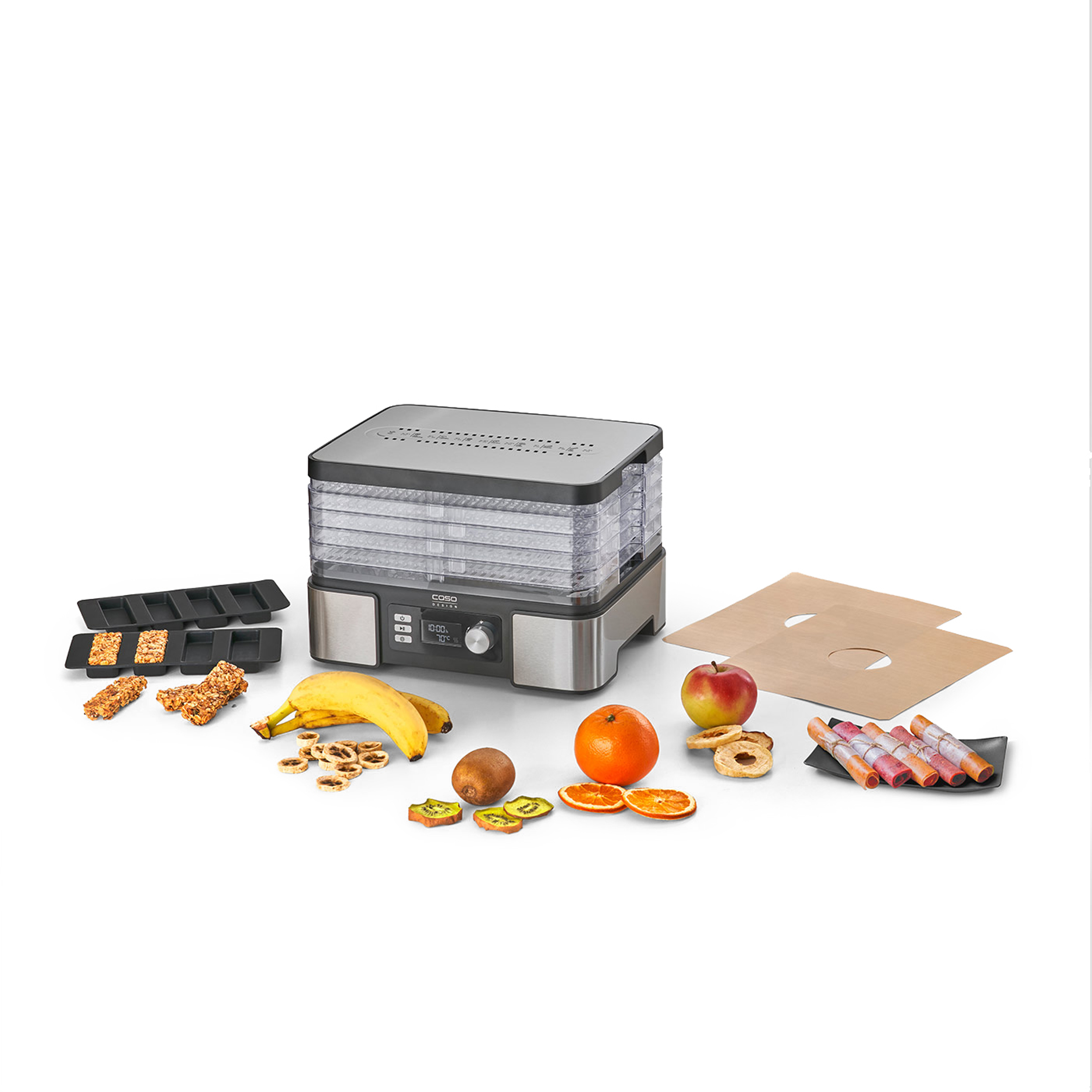 Dörrgerät mit getrockneten Früchten, Banane, Orange, Apfel, Kiwi und Fruchtleder. Inklusive Tabletts und Müsliriegel.