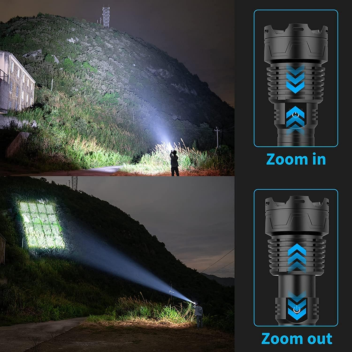 Eine Taschenlampe beleuchtet nachts einen Hügel und ein Gebäude. Zoom-In/Out-Diagramme befinden sich rechts.