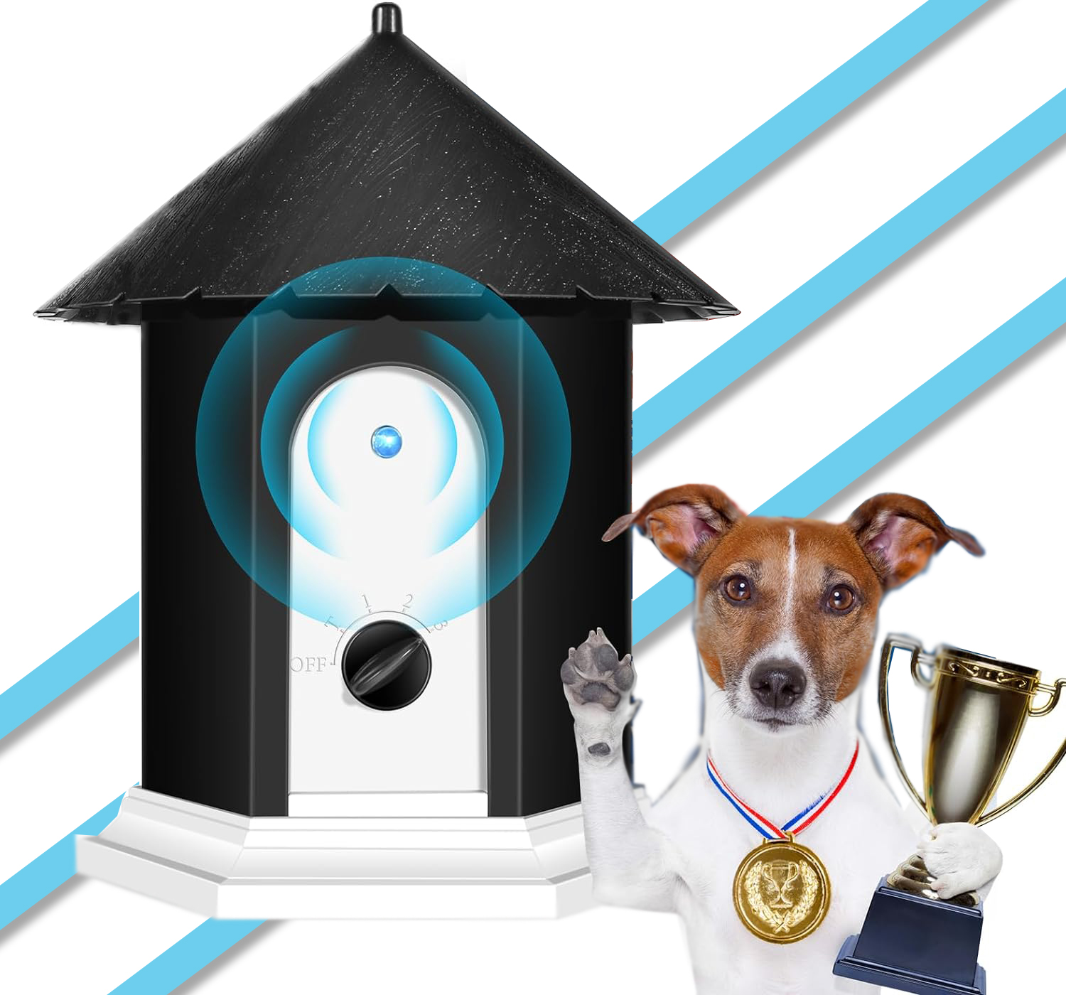 Ein Hund mit Medaille und Trophäe steht neben einem schwarzen, vogelförmigen Gerät. Der Hund hebt seine Pfote.