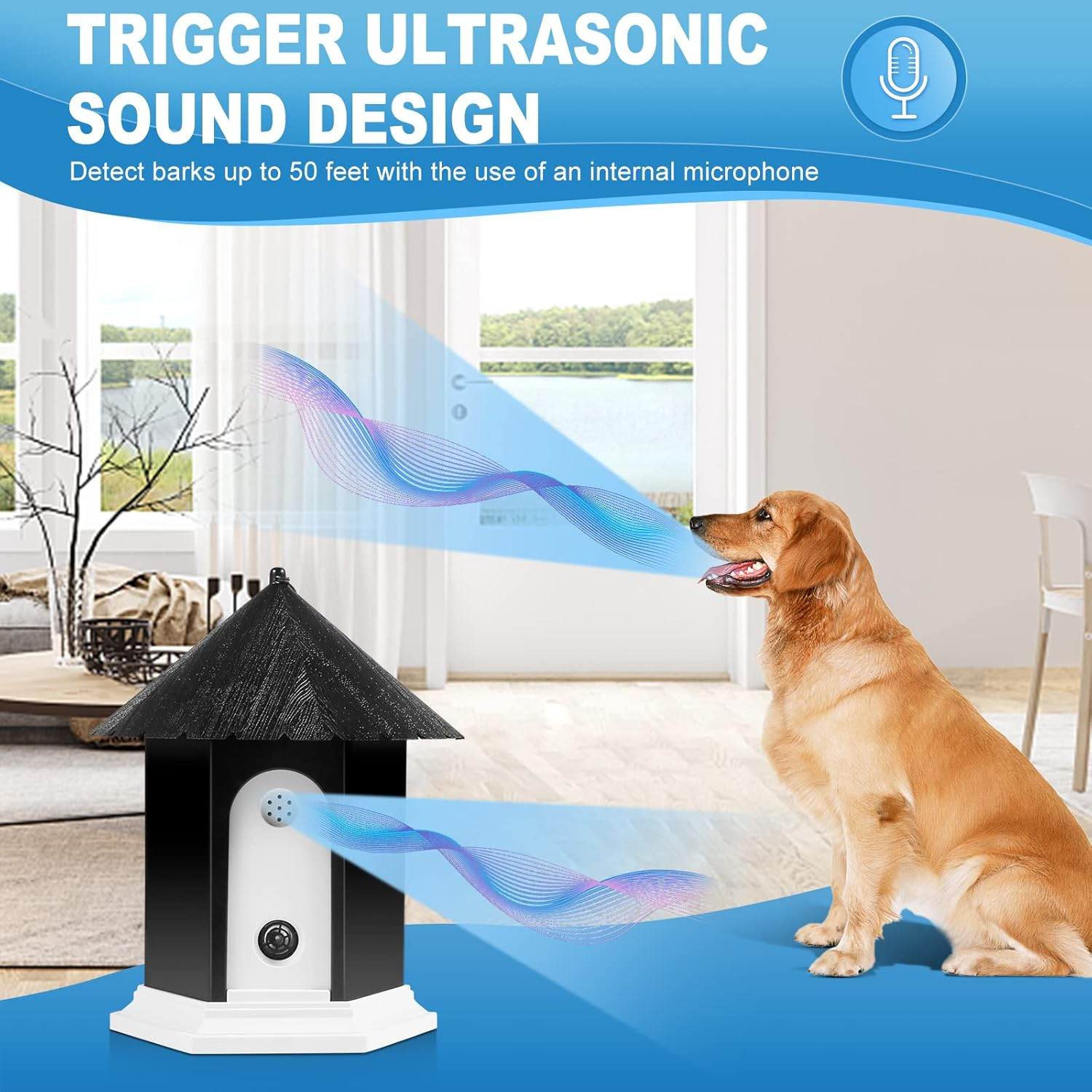 Ein Golden Retriever sitzt neben einem Gerät, das Schallwellen aussendet. Text: 'Trigger Ultrasonic Sound Design'.