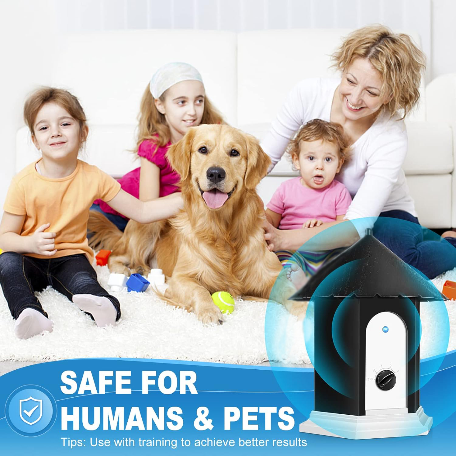 Eine Familie mit Kindern und einem Hund sitzt auf dem Boden. Ein Gerät in der Ecke, Text: 'Sicher für Mensch & Tier'.