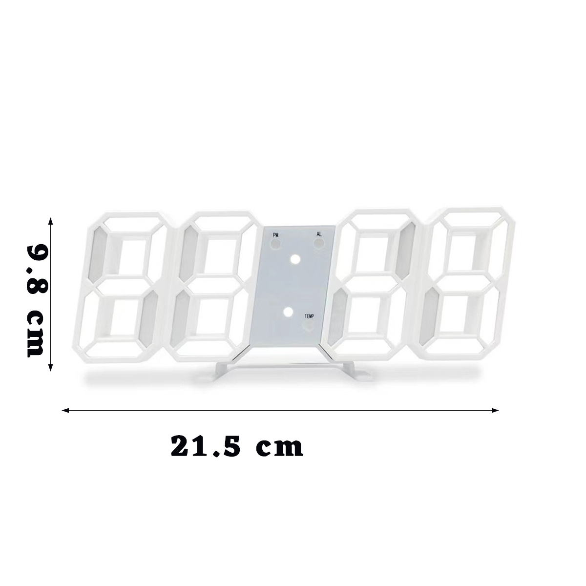 Eine weiße Digitaluhr zeigt die Uhrzeit an. Es ist ein modernes Design mit den Abmessungen 9,8 cm hoch und 21,5 cm breit.