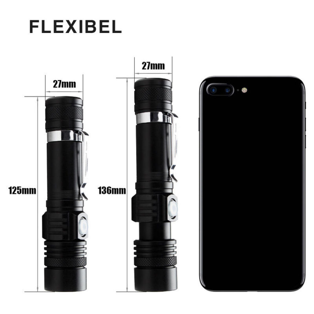 Das Bild zeigt schwarze Taschenlampen mit Größenangaben und ein Smartphone. Oben steht der Text 'FLEXIBEL'. Maße der Taschenlampen sind ebenfalls angegeben.