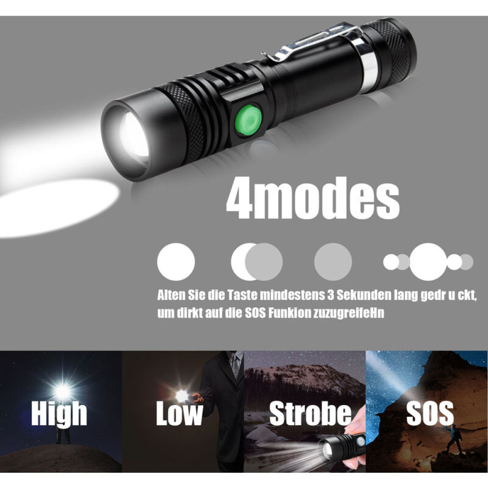 Schwarze Taschenlampe mit grünem Knopf, Text '4modes'. Unten zeigen Bilder High, Low, Strobe und SOS Modi.