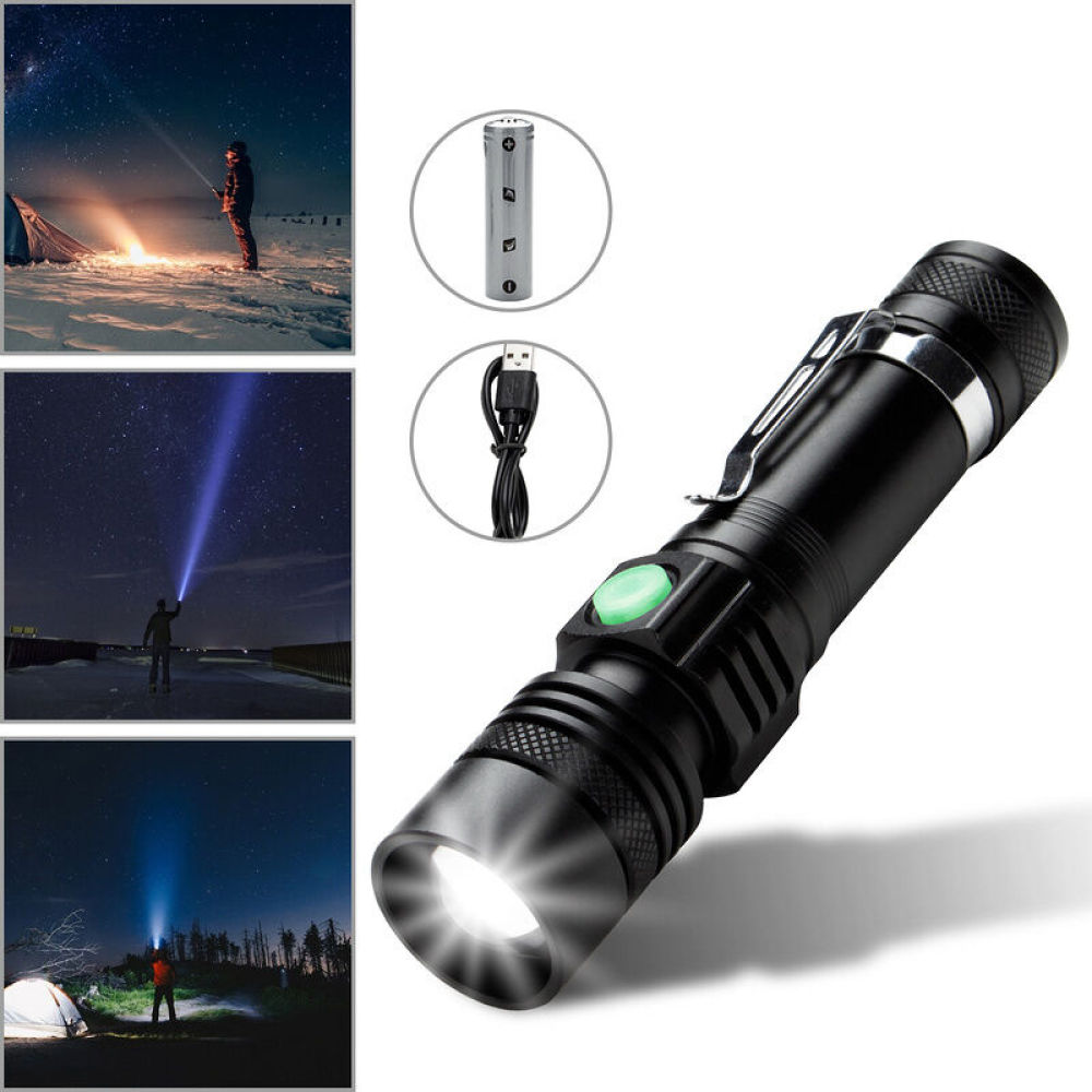 Eine schwarze Taschenlampe mit hellem Strahl. Inset-Bilder zeigen Personen, die im Dunkeln Taschenlampen benutzen, eine Batterie und ein USB-Ladekabel.