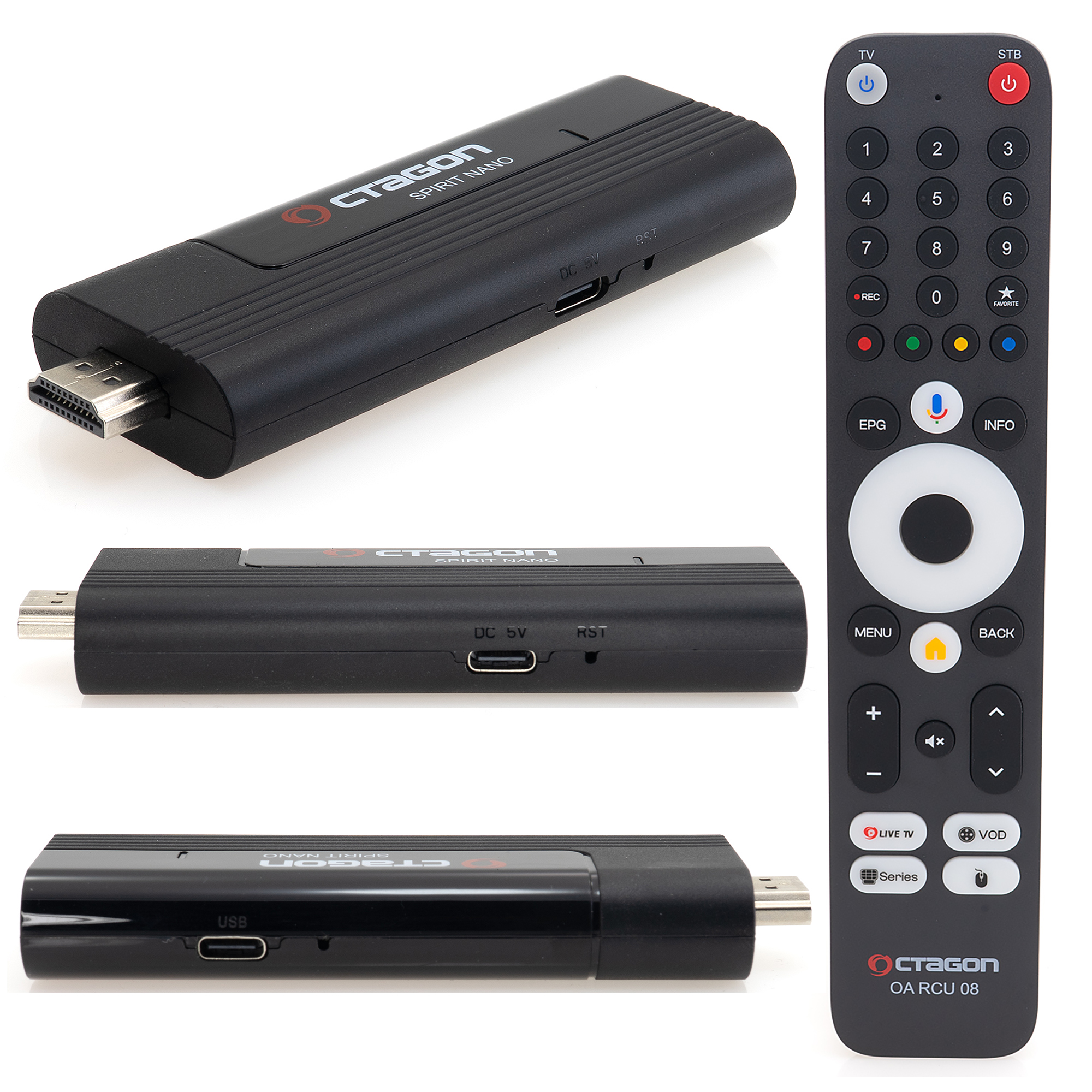 Schwarzer TV-Stick und Fernbedienung. Der Stick hat ein Logo und Anschlüsse. Die Fernbedienung hat Tasten.