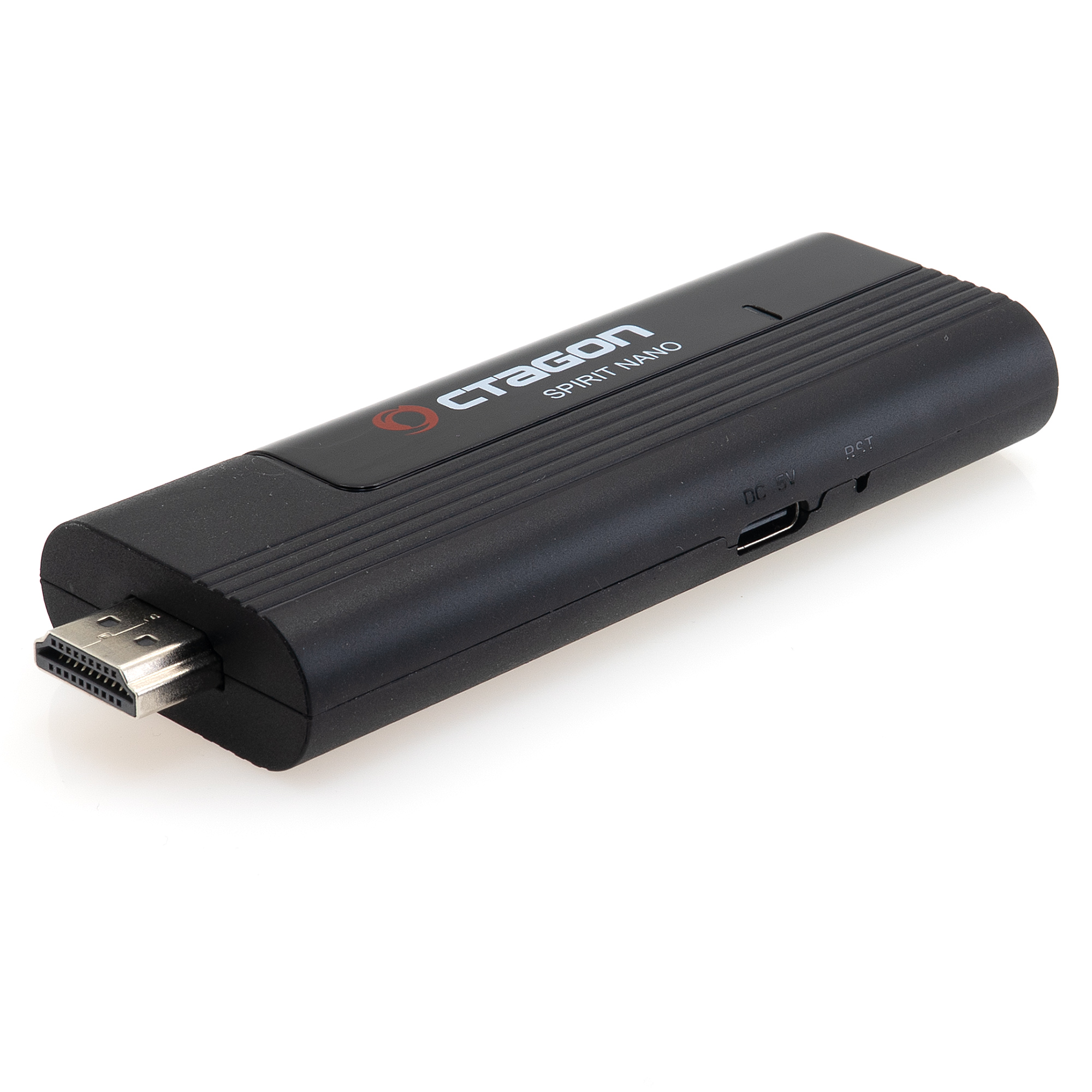 Ein schwarzer Cragon Spirit Nano HDMI-Adapter. Das Gerät liegt auf einer weißen Oberfläche. Der Markenname ist sichtbar.