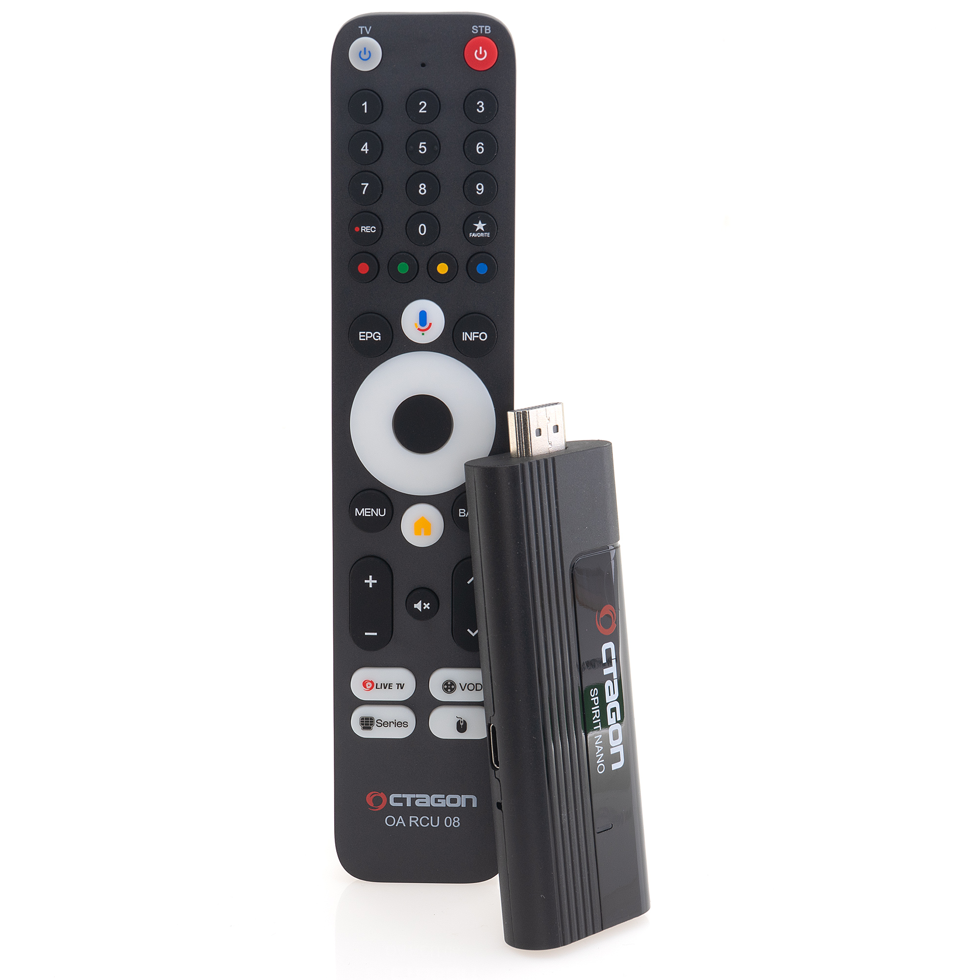 Auf einer weißen Oberfläche befinden sich eine schwarze Fernbedienung und ein schwarzes Streaming-Gerät. Die Fernbedienung hat viele Tasten.
