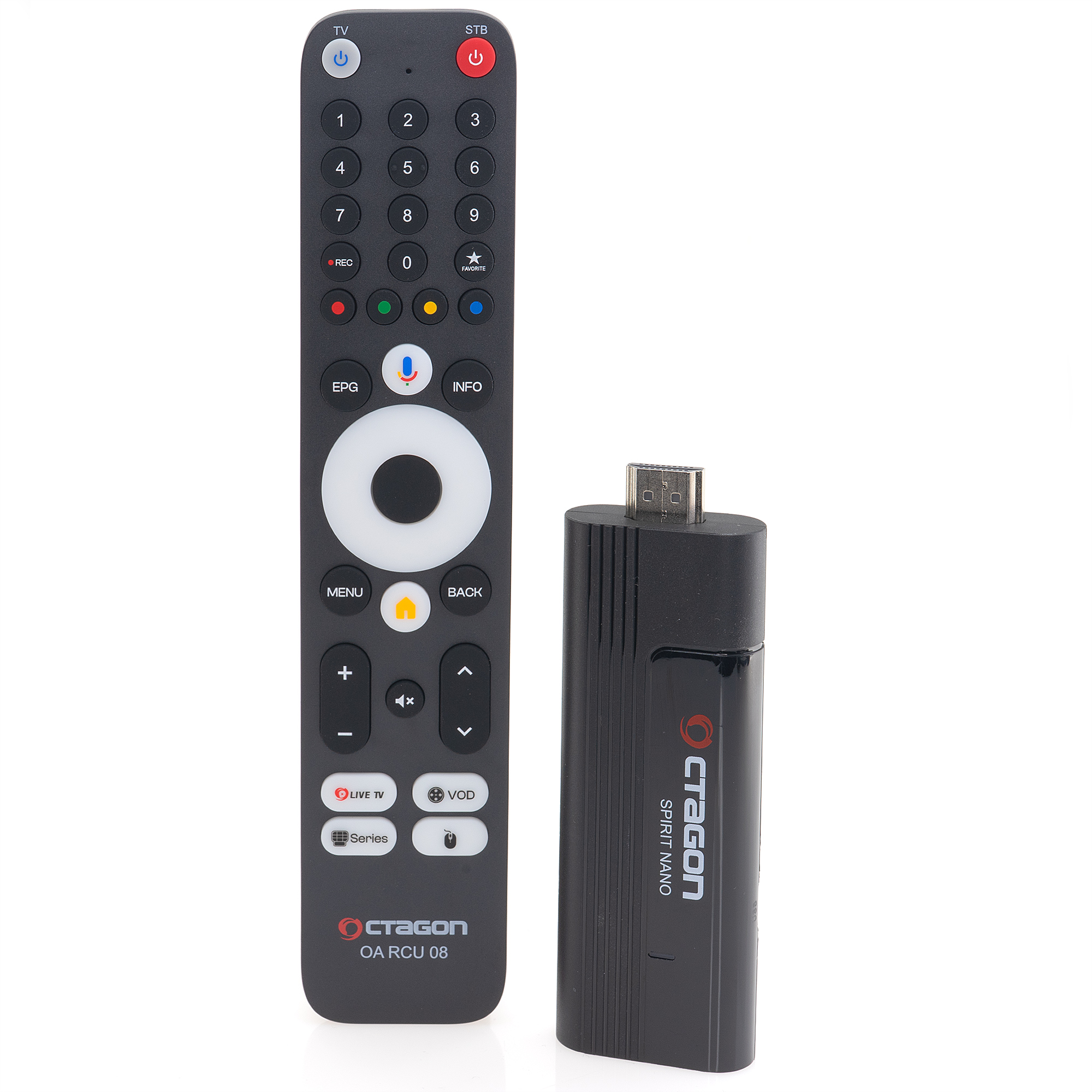 Eine schwarze Fernbedienung und ein schwarzer HDMI-Stick auf weißem Hintergrund.