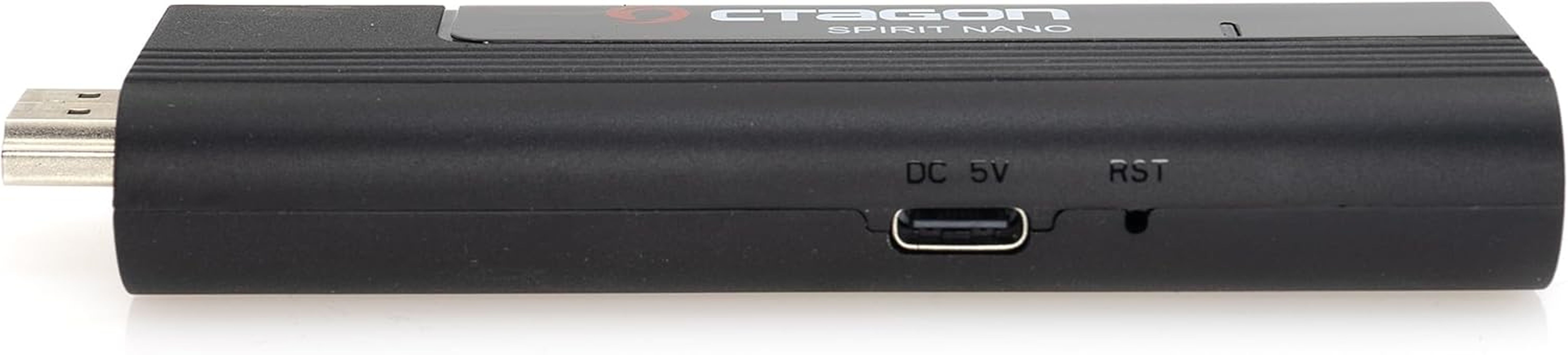 Schwarzes Gerät mit silbernem USB-Anschluss. Es trägt die Aufschrift "CTAGON SPIRIT NANO" und Anschlüsse mit "DC 5V" und "RST".