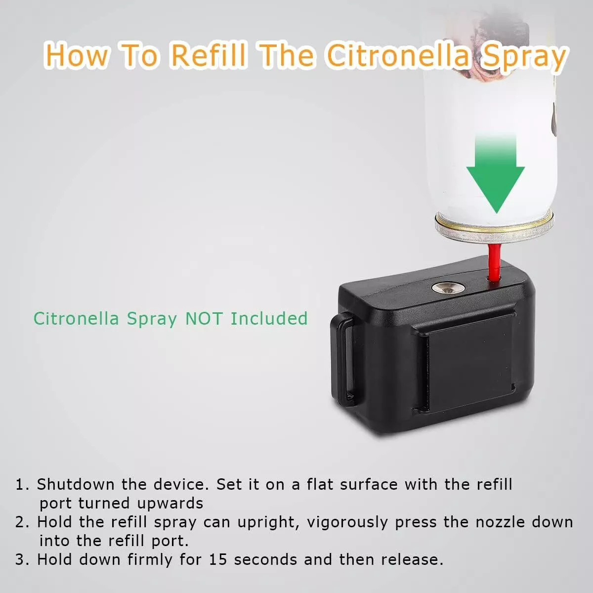 Bild zeigt, wie man Citronella-Spray nachfüllt. Eine Sprühdose über einem schwarzen Gerät mit roter Düse. Anweisungen sind enthalten.
