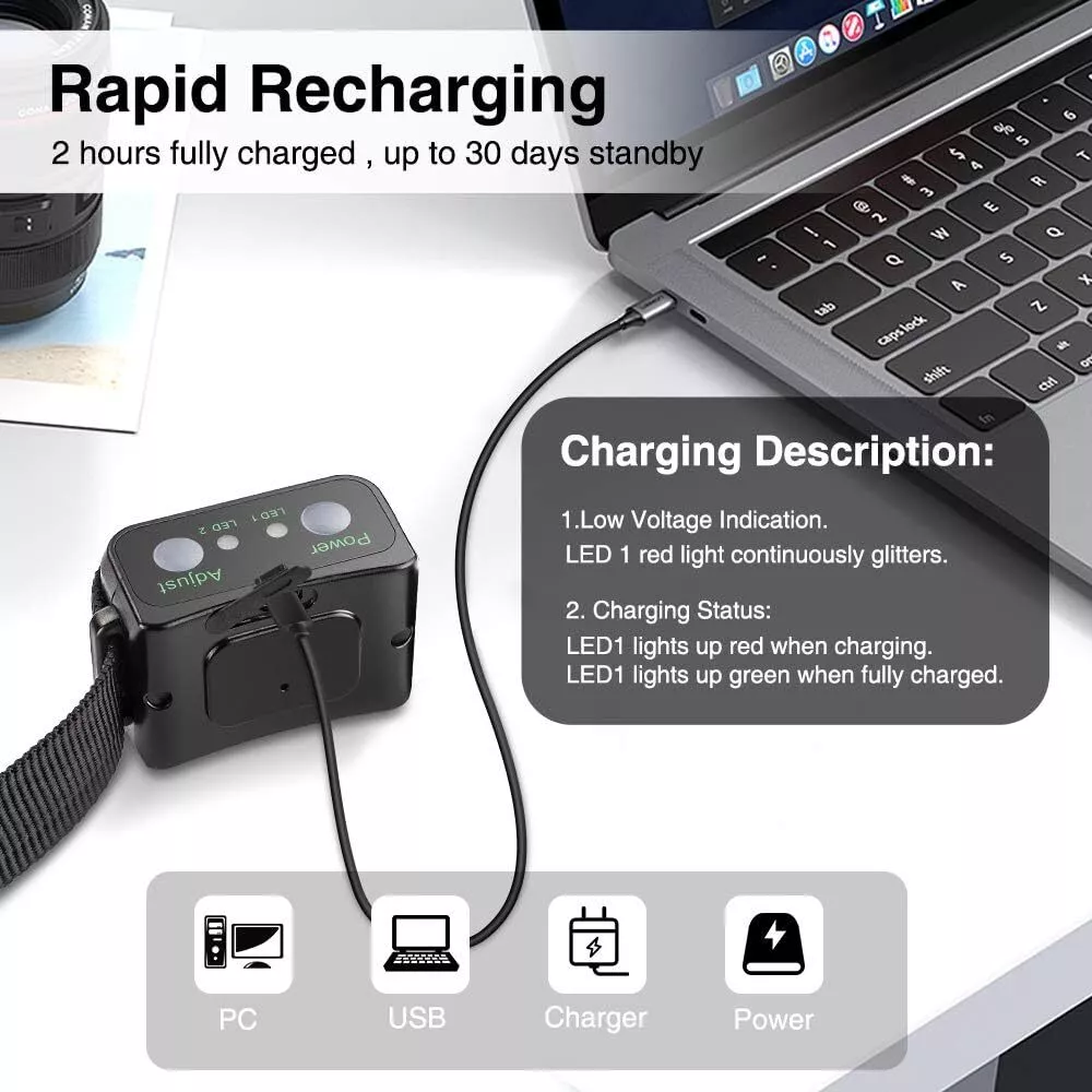 Das Bild zeigt ein schwarzes Gerät, das über ein Kabel mit einem Laptop verbunden ist. Text beschreibt den Ladestatus mit roten und grünen LED-Anzeigen.