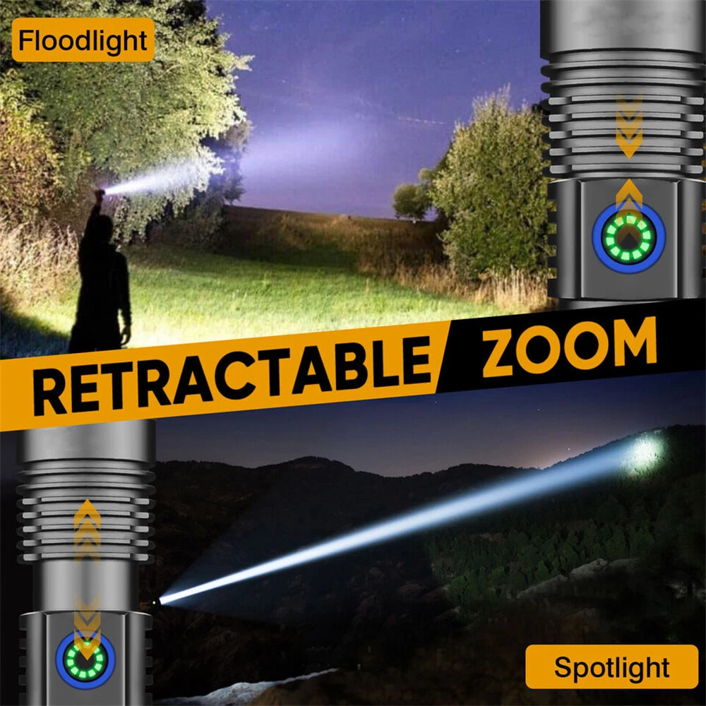 Das Bild zeigt eine Taschenlampe mit Flutlicht- und Spotlight-Optionen. Eine Person benutzt das Flutlicht, und der Spotlight-Strahl ist sichtbar.