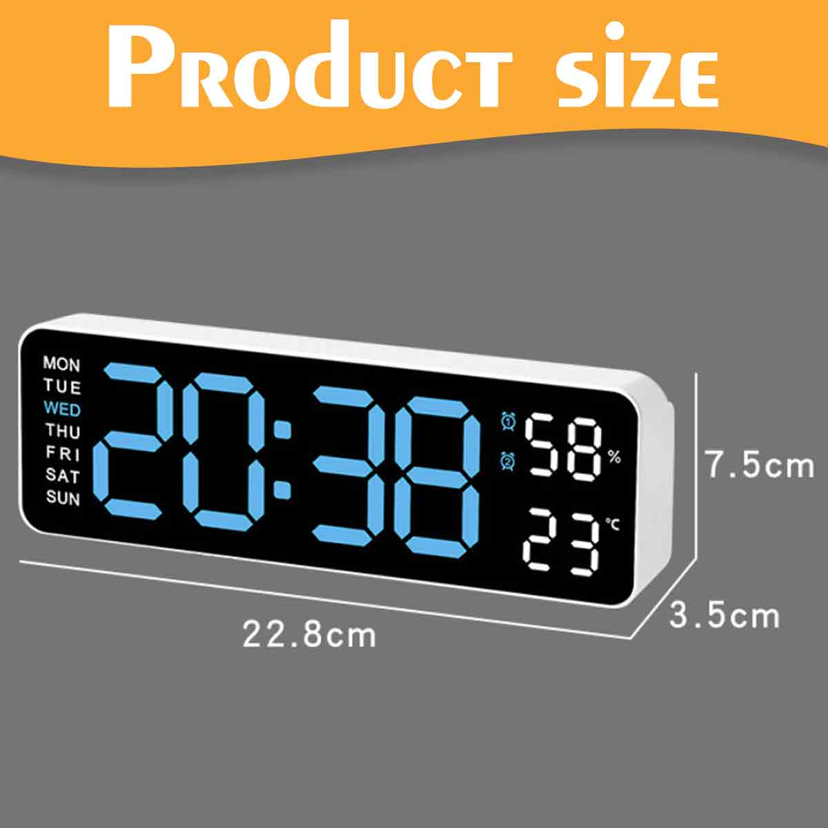 Eine Digitaluhr zeigt 20:38, Luftfeuchtigkeit 58% und Temperatur 23°C. Abmessungen: 22,8cm x 7,5cm x 3,5cm.