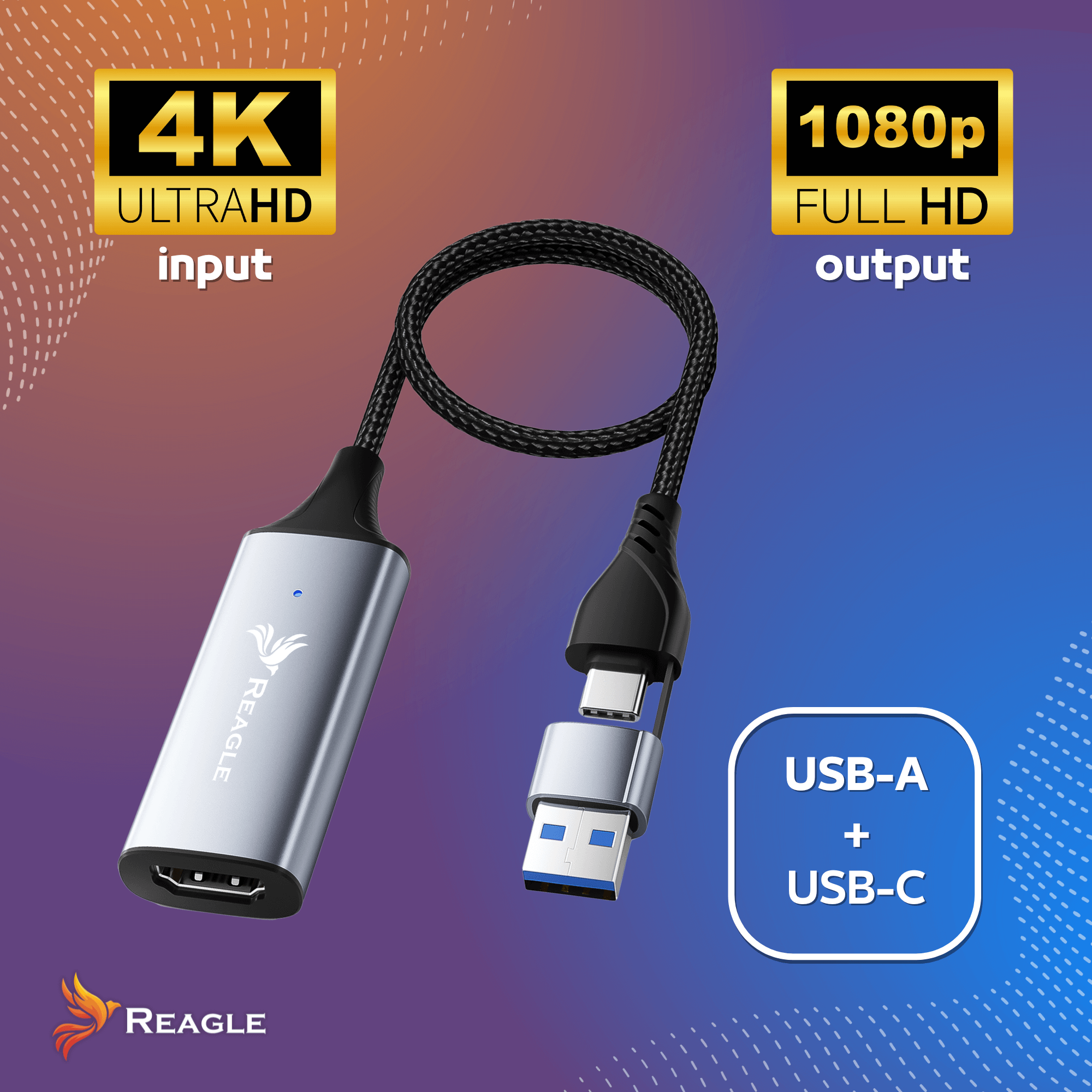 Kabel adaptera z złączami USB-A i USB-C. Obsługuje wejście 4K i wyjście 1080p. Widoczna jest marka REAGLE.