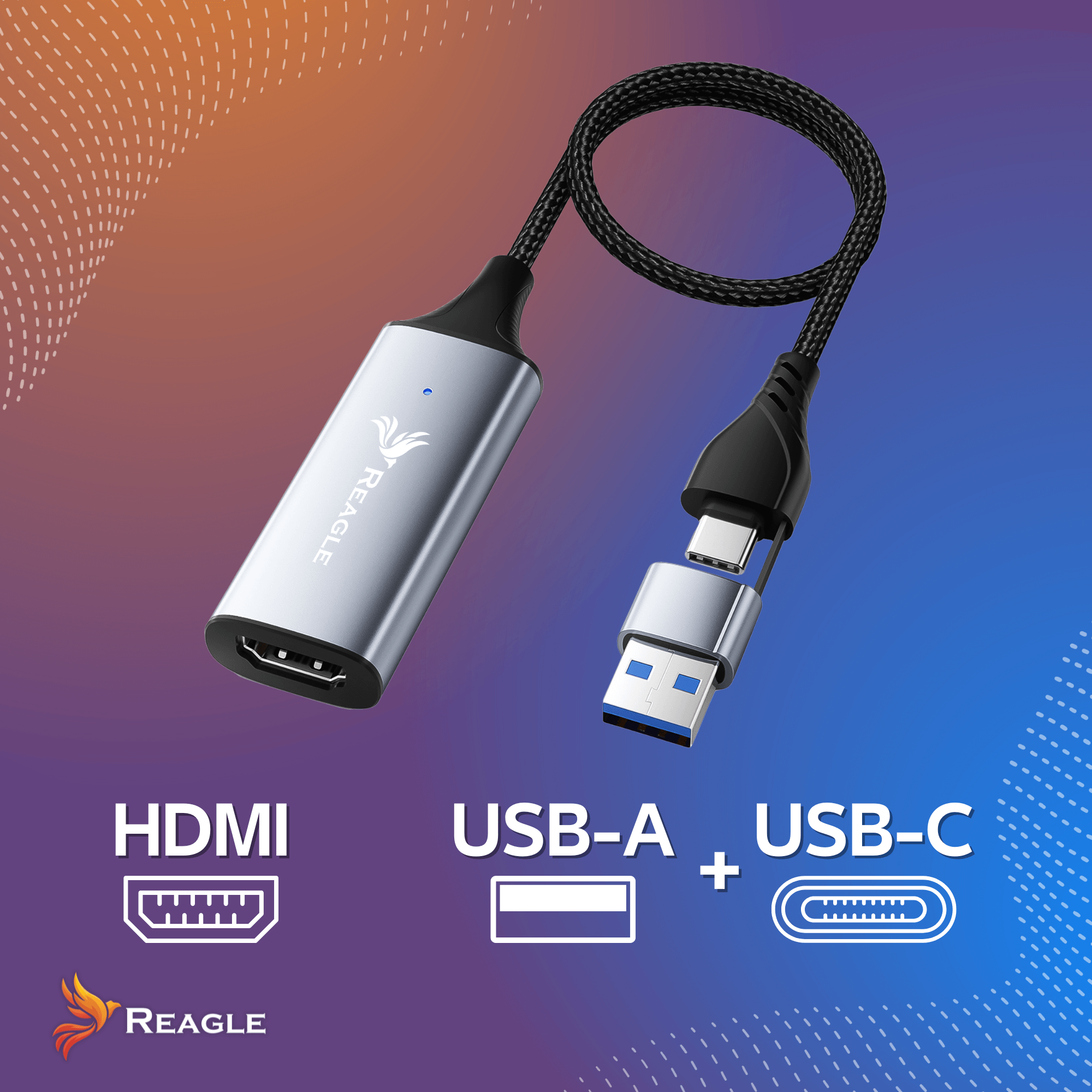 Srebrny kabel adaptera HDMI na USB-A i USB-C. Logo Reagle. Ikony HDMI, USB-A, USB-C są pokazane poniżej kabla.