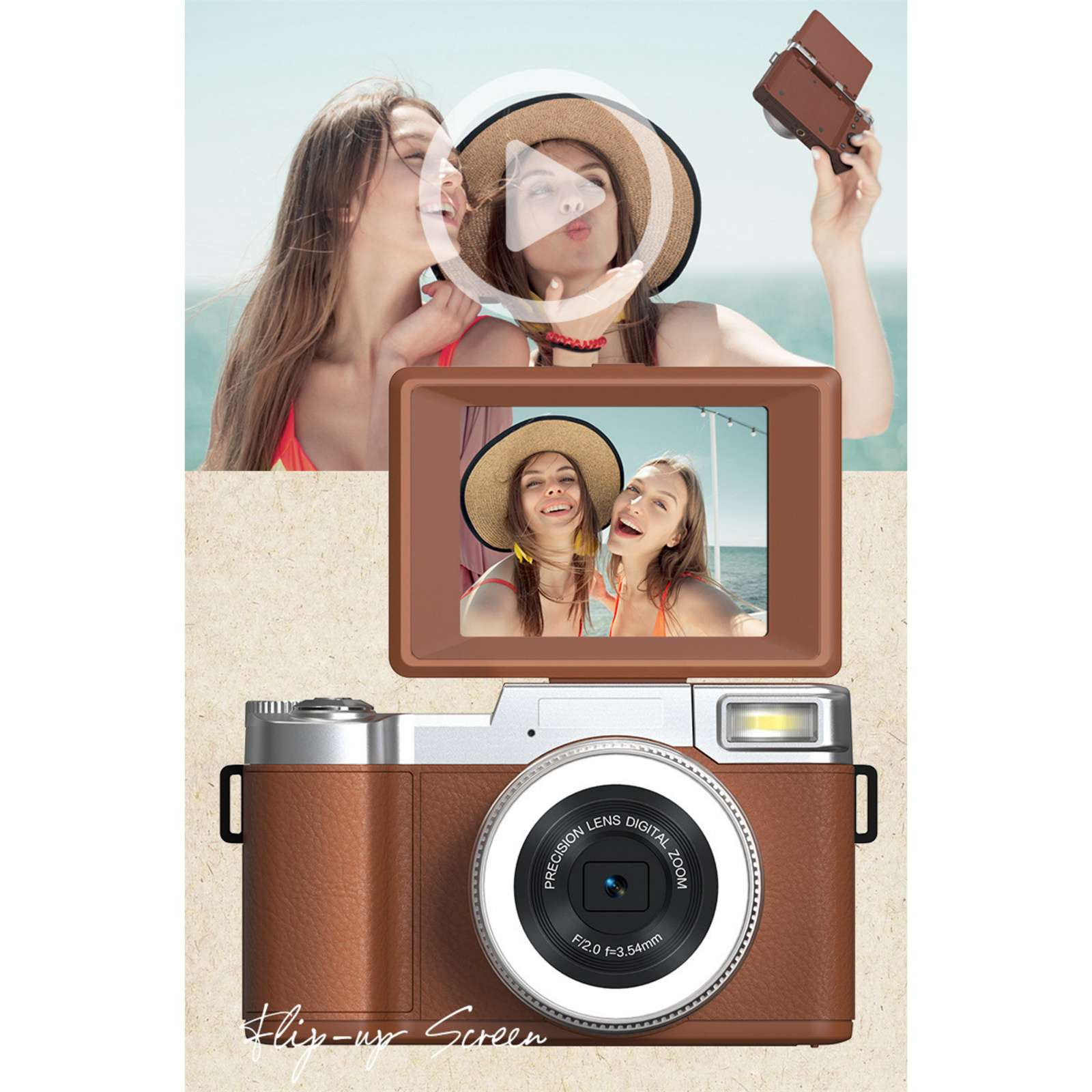 Zwei Frauen machen Selfies mit einer Retro-Kamera. Eine hält die Kamera, die andere schmoll. Ein hochklappbarer Bildschirm zeigt sie.