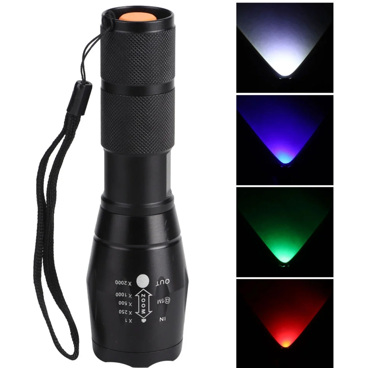 Schwarze Taschenlampe mit orangefarbener Taste und schwarzem Riemen. Lichtstrahlen: weiß, blau, grün, rot.