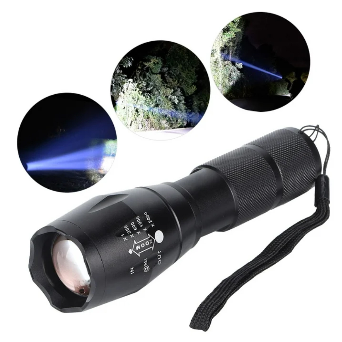 Schwarze Taschenlampe mit Zoomsteuerung, die Lichtstrahlen zeigt. Drei kreisförmige Einsätze zeigen beleuchtete Szenen. Ein schwarzer Riemen ist befestigt.