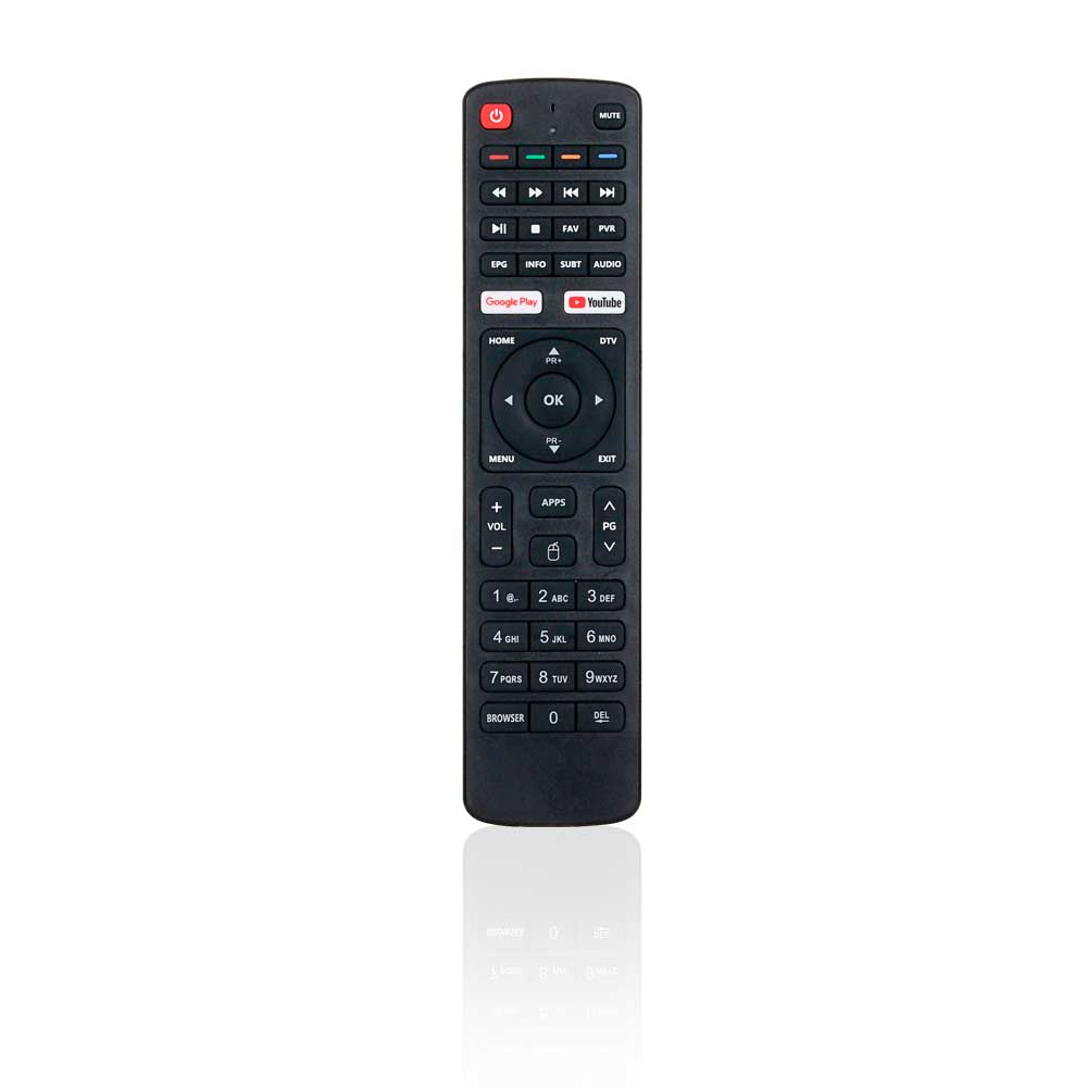 Schwarze TV-Fernbedienung mit verschiedenen Tasten, einschließlich Strom, Lautstärke, Kanal und App-Verknüpfungen, auf weißem Hintergrund.