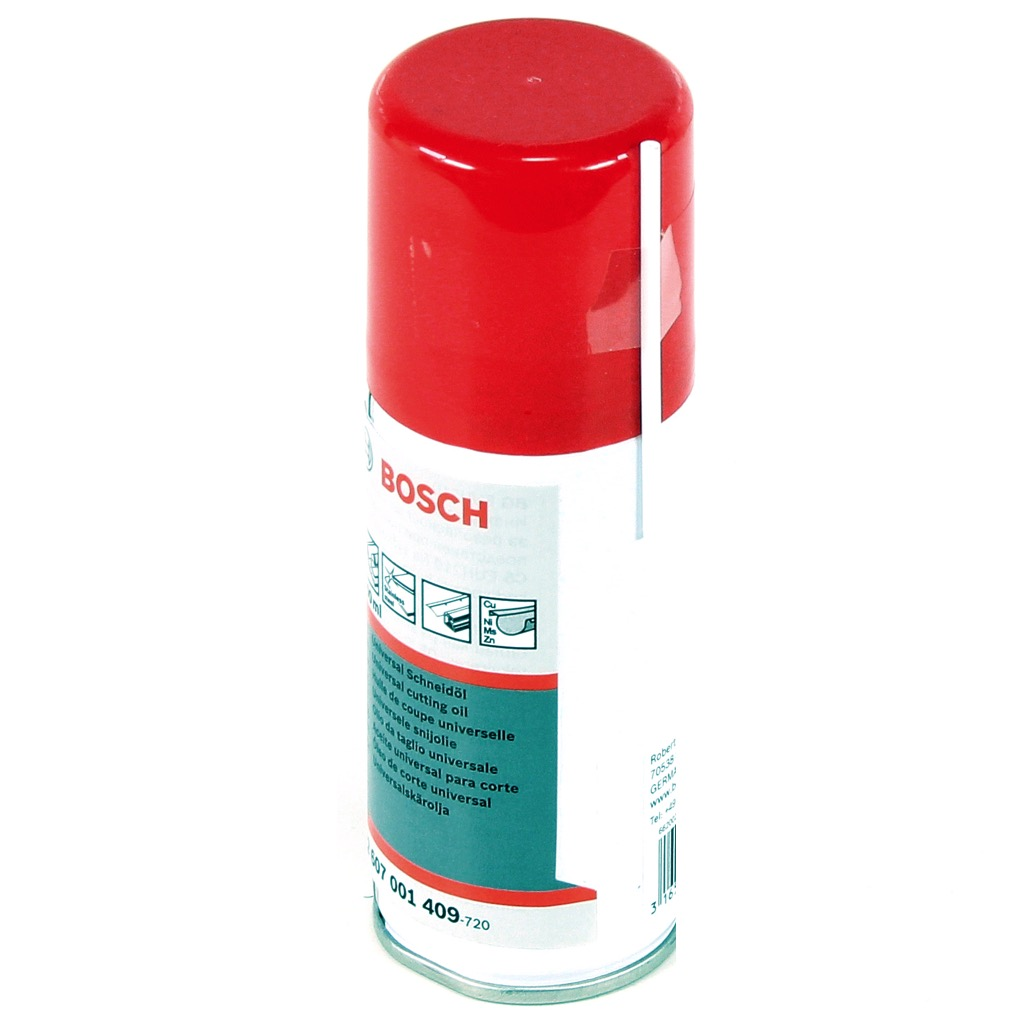 Eine rot-weiße Bosch-Sprühdose. Die Dose ist zylindrisch mit rotem Deckel und weißem Etikett mit Text.